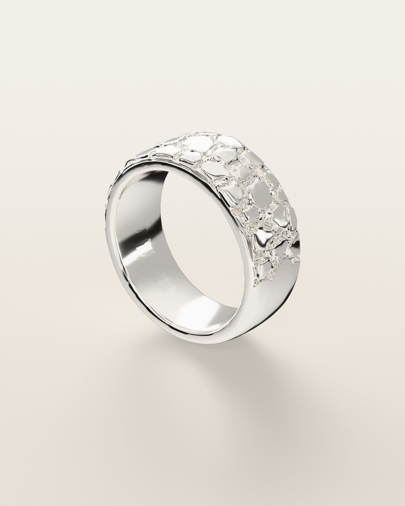 No. 514 Spill nugget ring, three-quarter view, sterling silver, rendered from the production 3D file