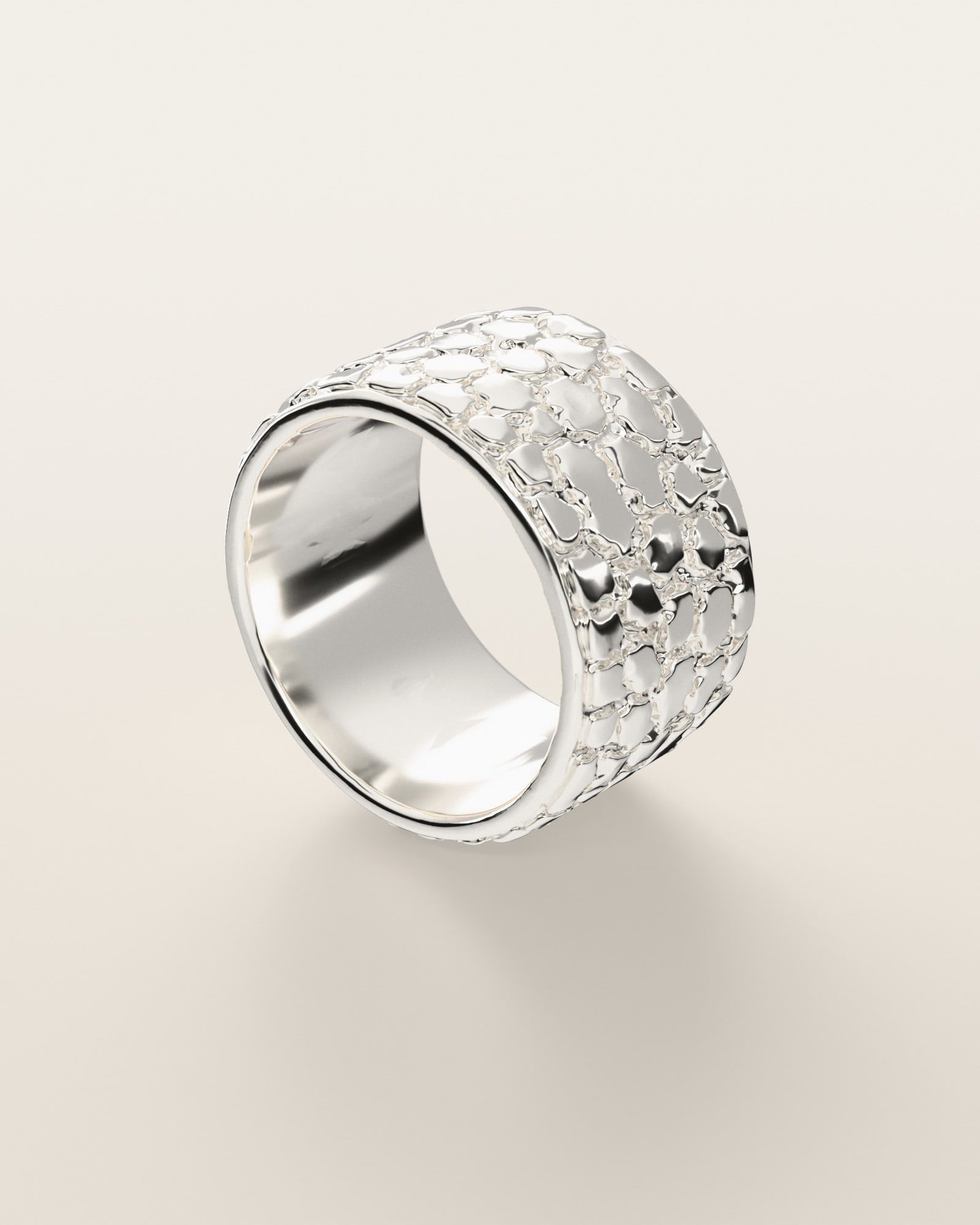 No. 447 Cigar Band nugget ring, three-quarter view, sterling silver, rendered from the production 3D file