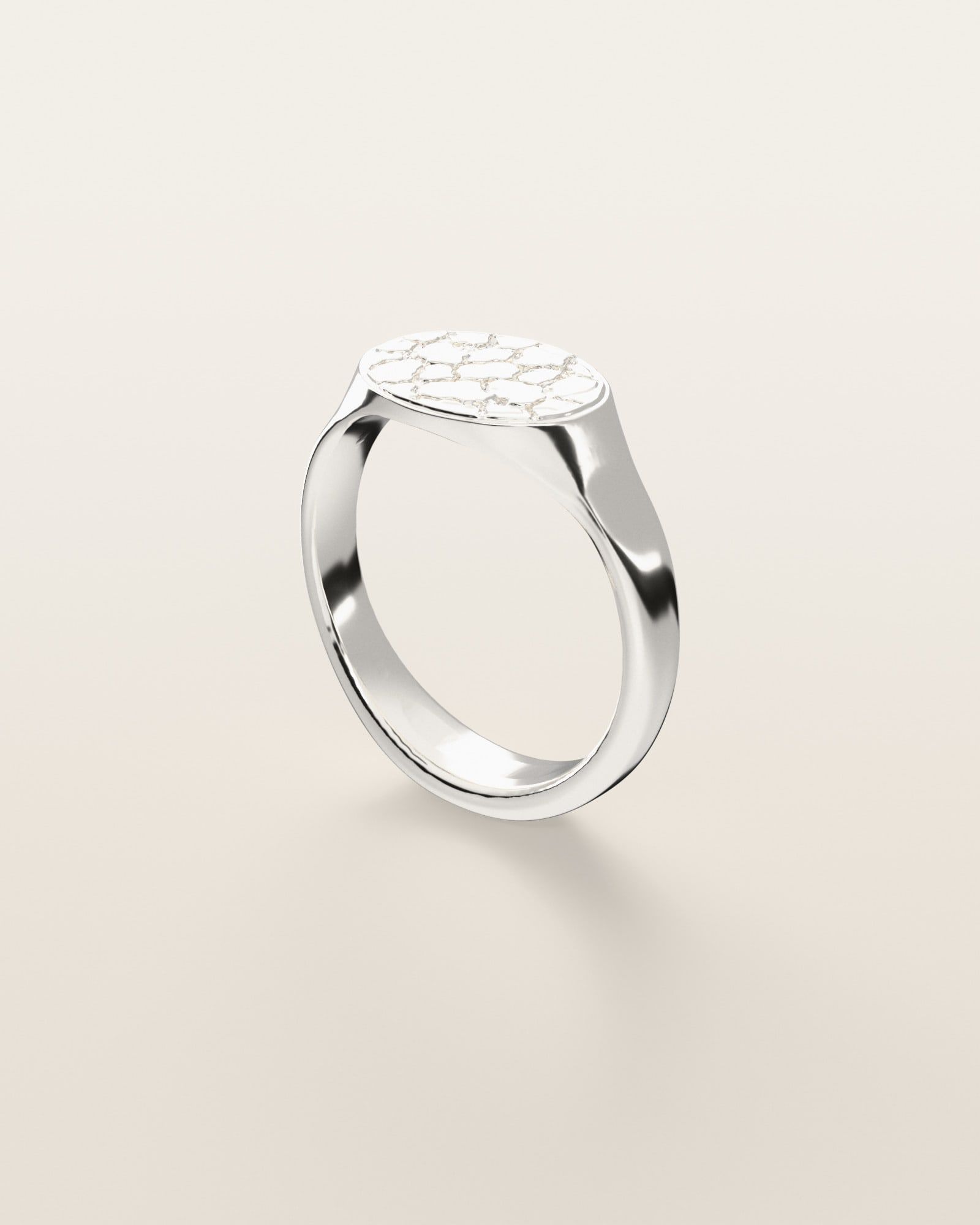 No. 435 Oval nugget ring, three-quarter view, sterling silver, rendered from the production 3D file