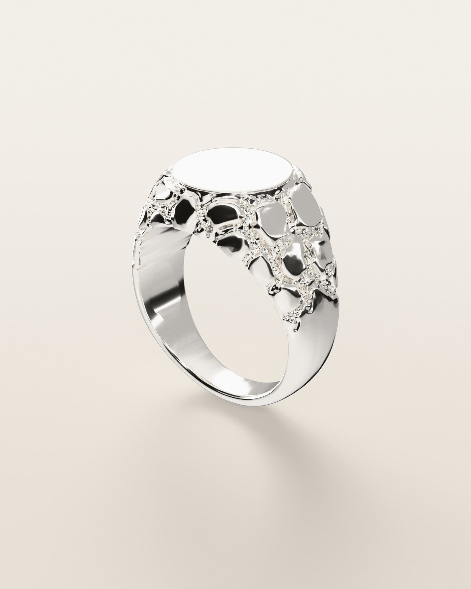 No. 523 Facet nugget ring, three-quarter view, sterling silver, rendered from the production 3D file