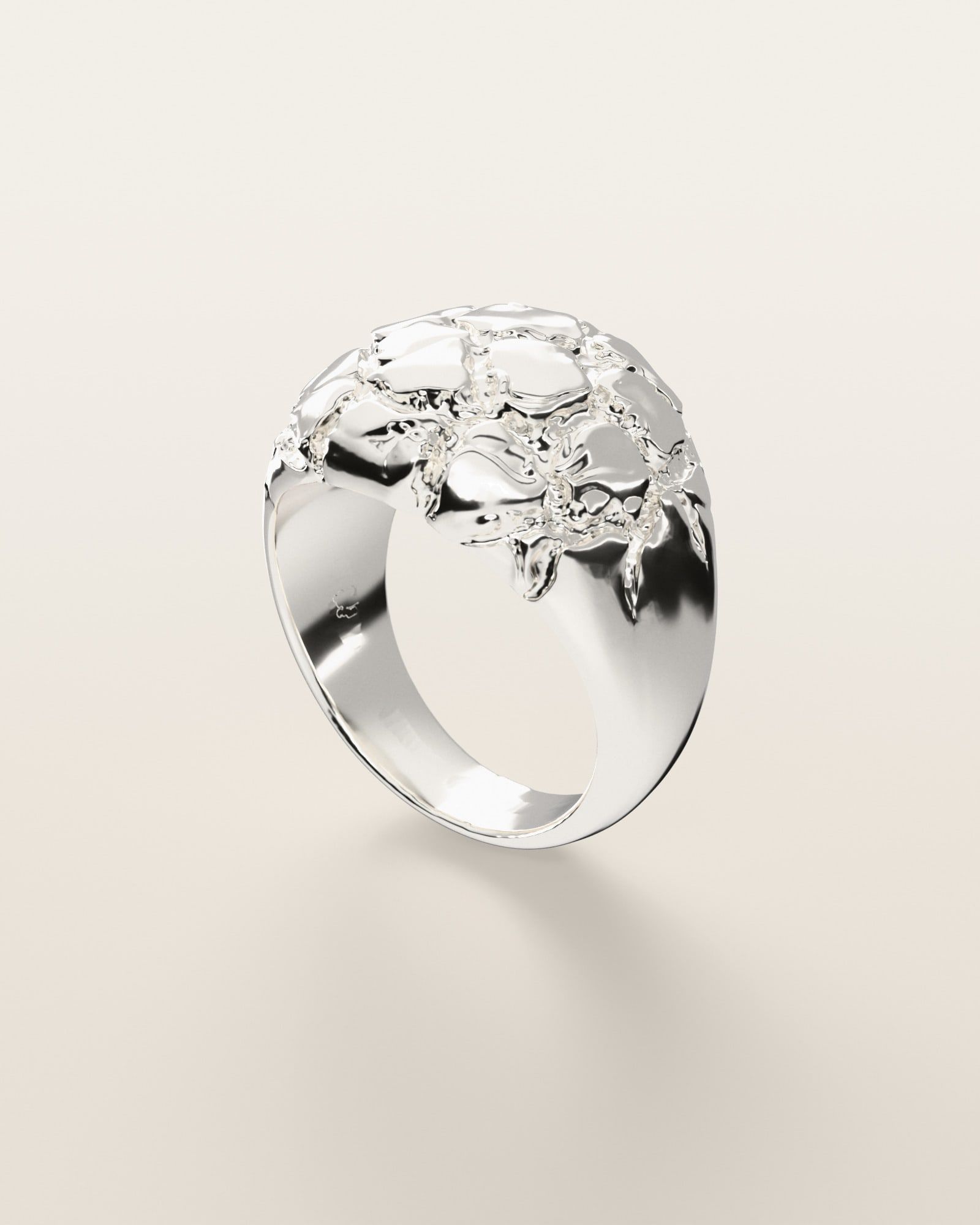 No. 503 Boulder nugget ring, three-quarter view, sterling silver, rendered from the production 3D file