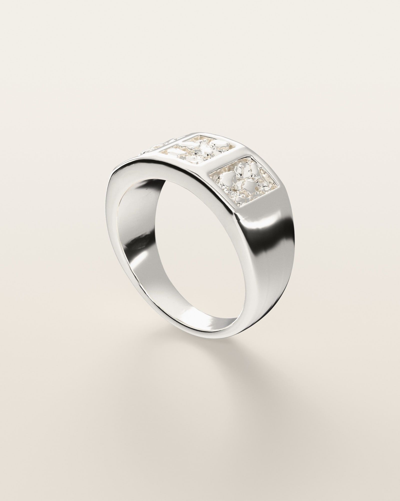 No. 536 Triptych nugget ring, three-quarter view, sterling silver, rendered from the production 3D file