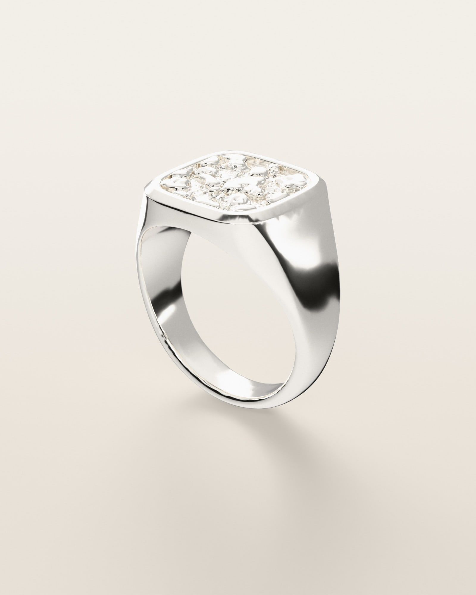 No. 101 Tablet nugget ring, three-quarter view, sterling silver, rendered from the production 3D file
