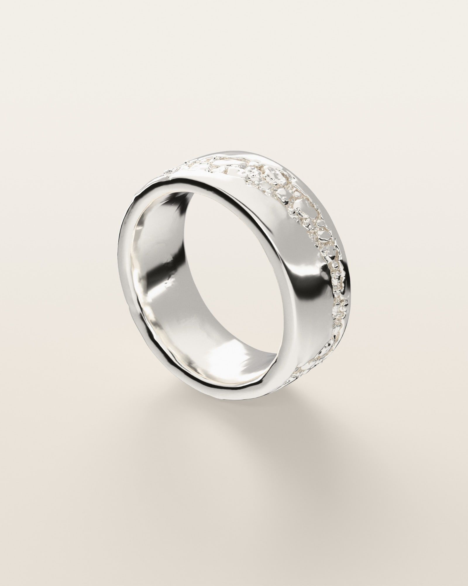 No. 519 Seam nugget ring, three-quarter view, sterling silver, rendered from the production 3D file