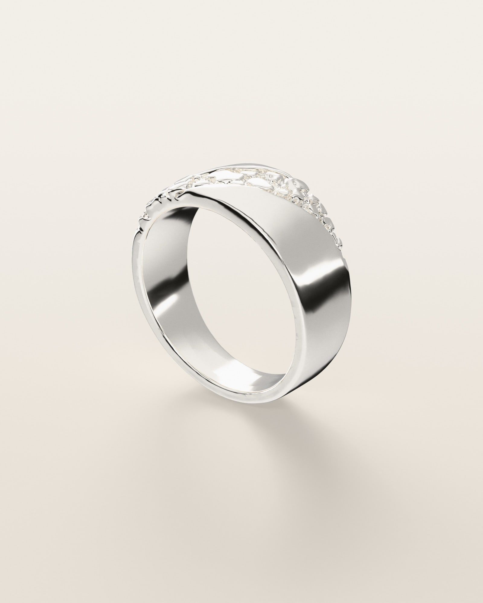 No. 518 Fault Line nugget ring, three-quarter view, sterling silver, rendered from the production 3D file