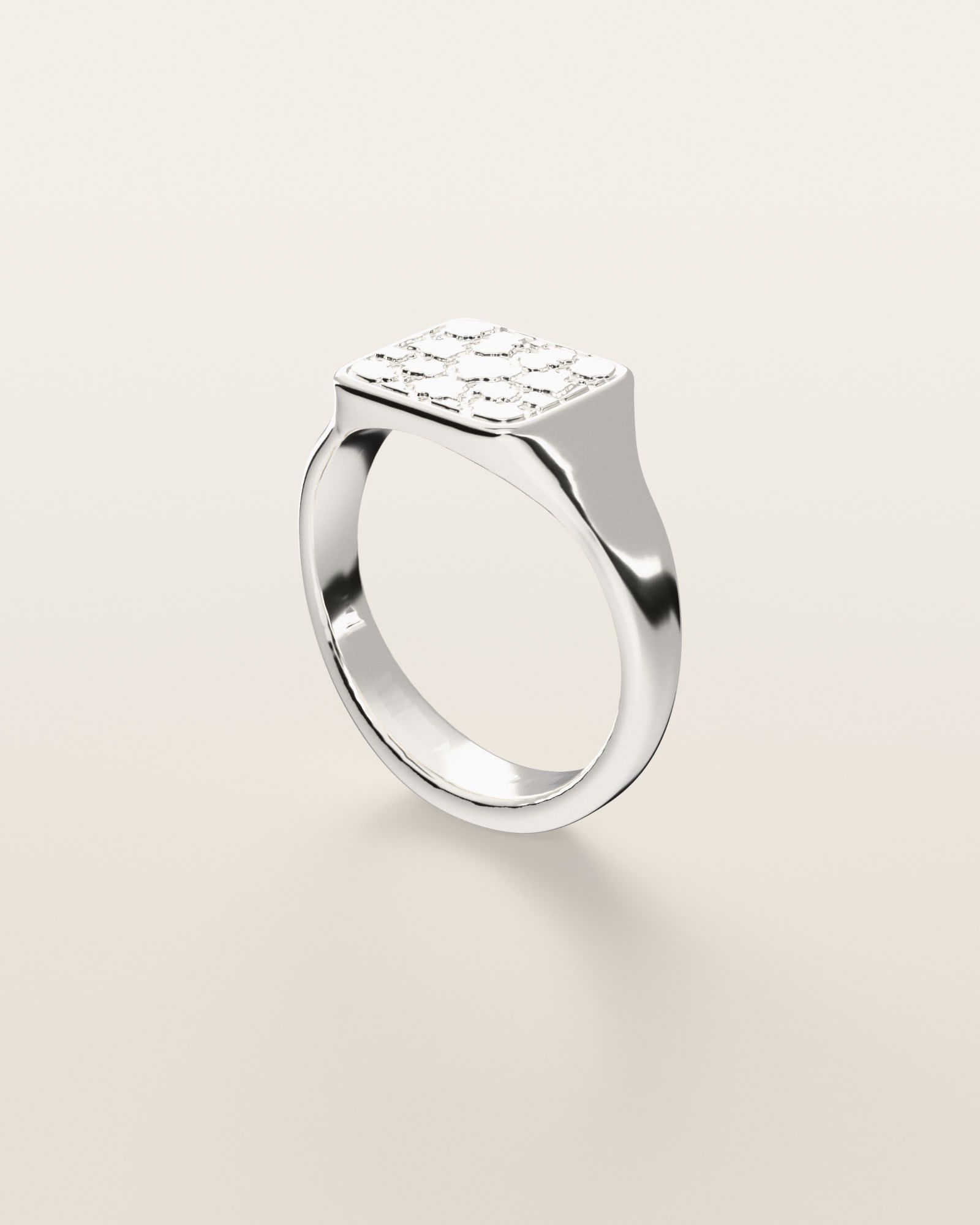 No. 431 Signet M nugget ring, three-quarter view, sterling silver, rendered from the production 3D file