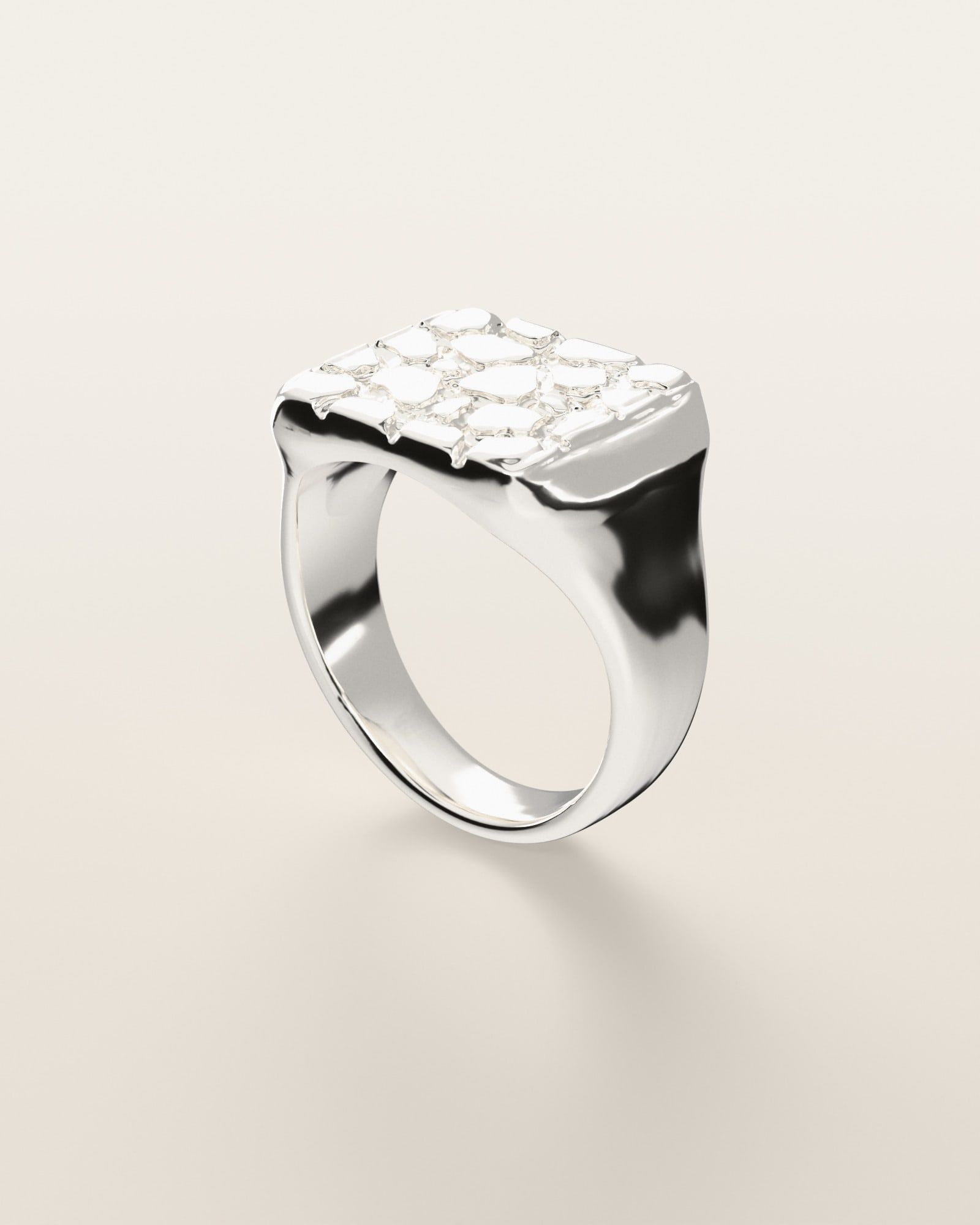 No. 401 Signet L nugget ring, three-quarter view, sterling silver, rendered from the production 3D file