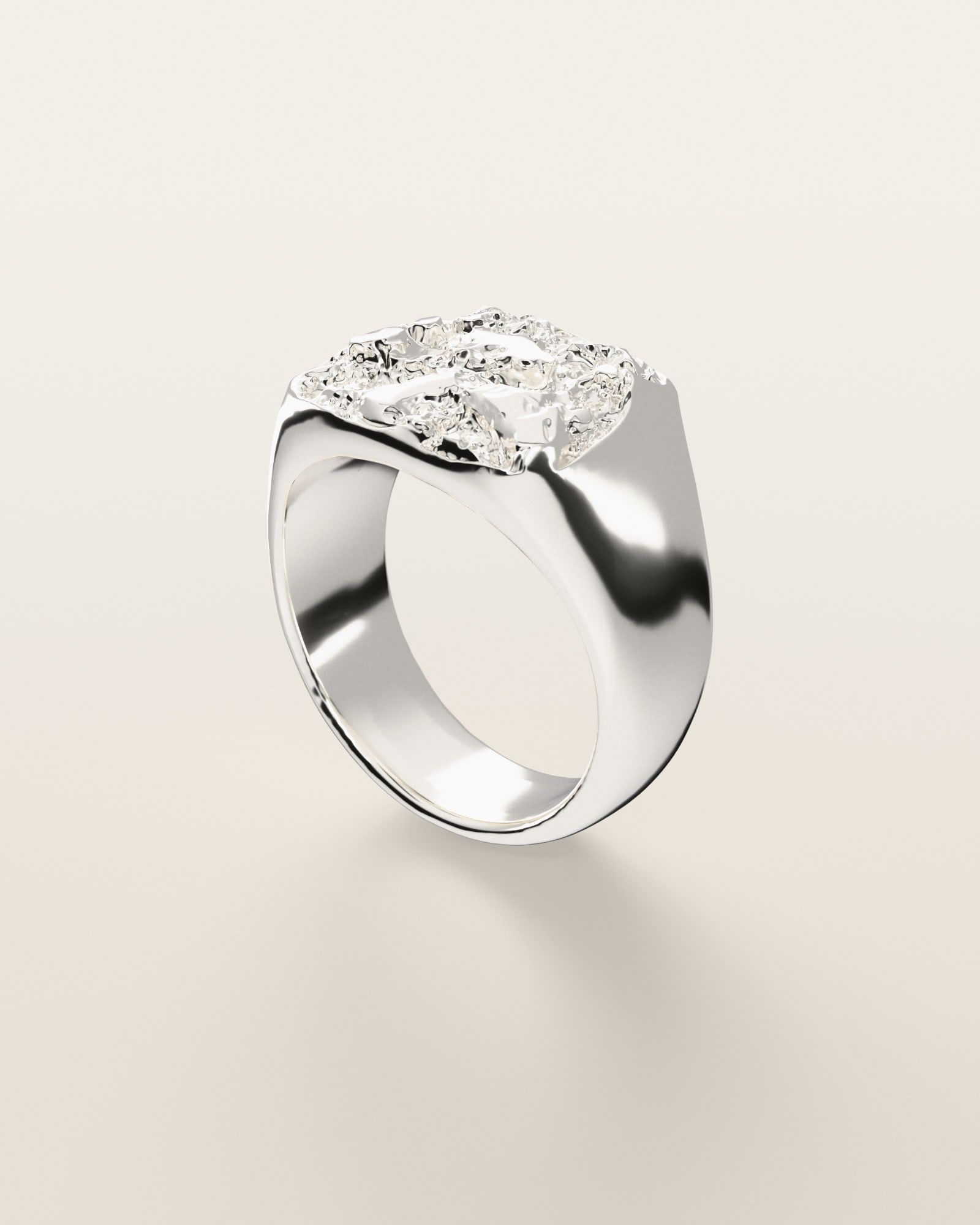 No. 014 The Block nugget ring, three-quarter view, sterling silver, rendered from the production 3D file