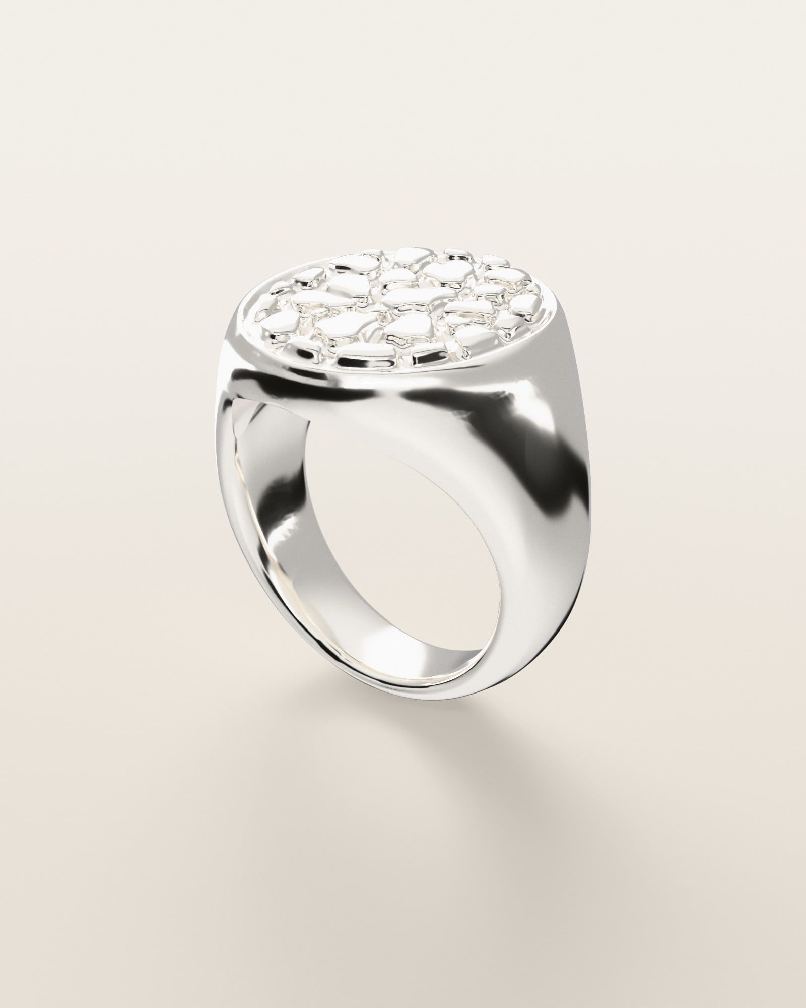 No. 404 Oval nugget ring, three-quarter view, sterling silver, rendered from the production 3D file