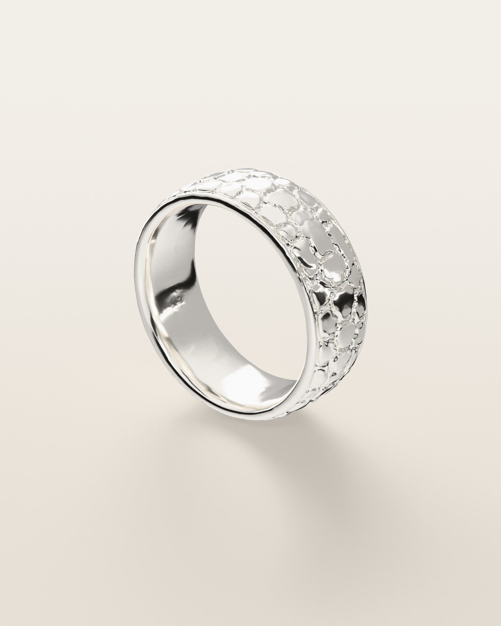 No. 442 Nugget Band 8 mm, three-quarter view, sterling silver, rendered from the production 3D file
