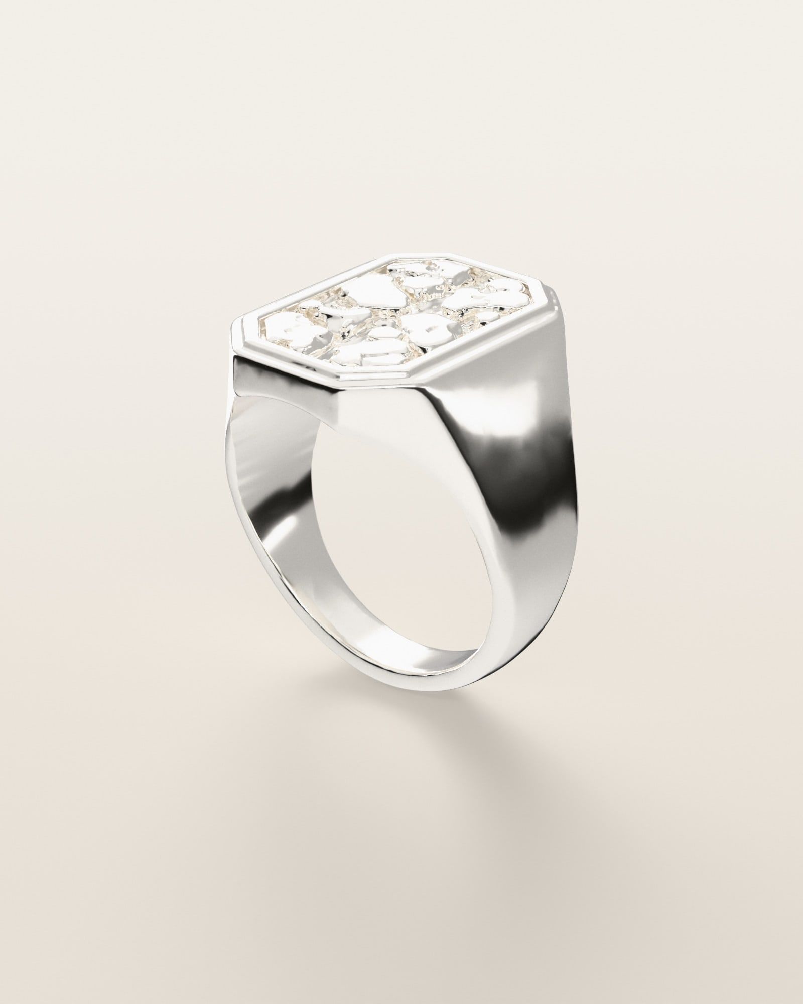 No. 504 Monolith nugget ring, three-quarter view, sterling silver, rendered from the production 3D file