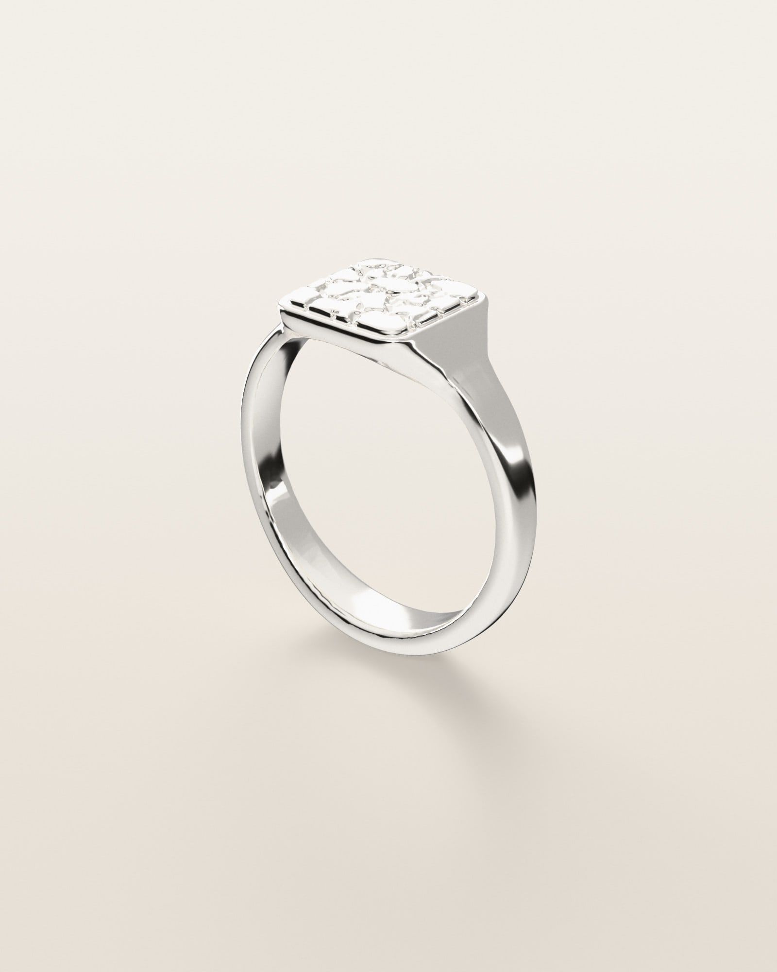 No. 430 Signet S nugget ring, three-quarter view, sterling silver, rendered from the production 3D file
