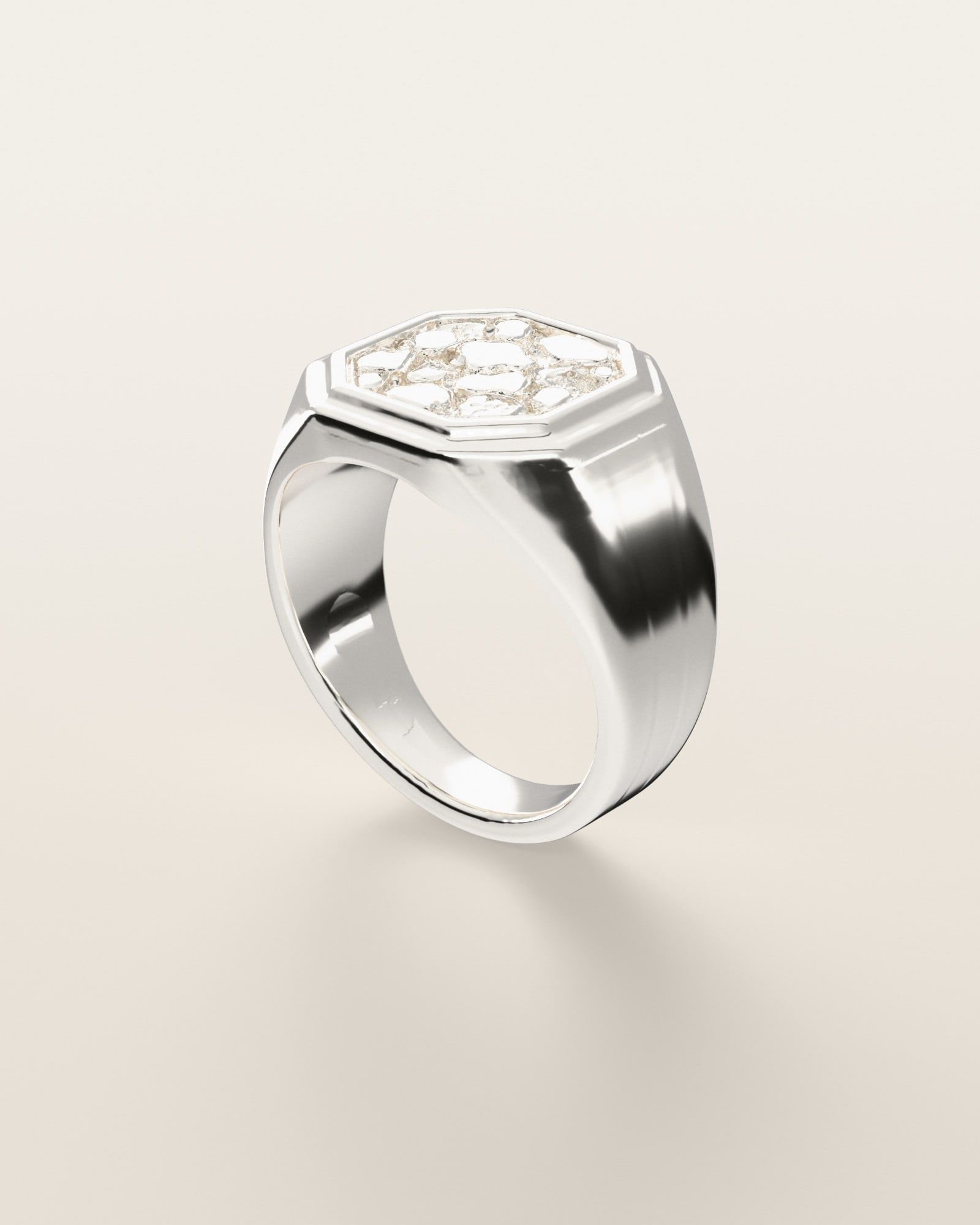 No. 531 Octagon nugget ring, three-quarter view, sterling silver, rendered from the production 3D file