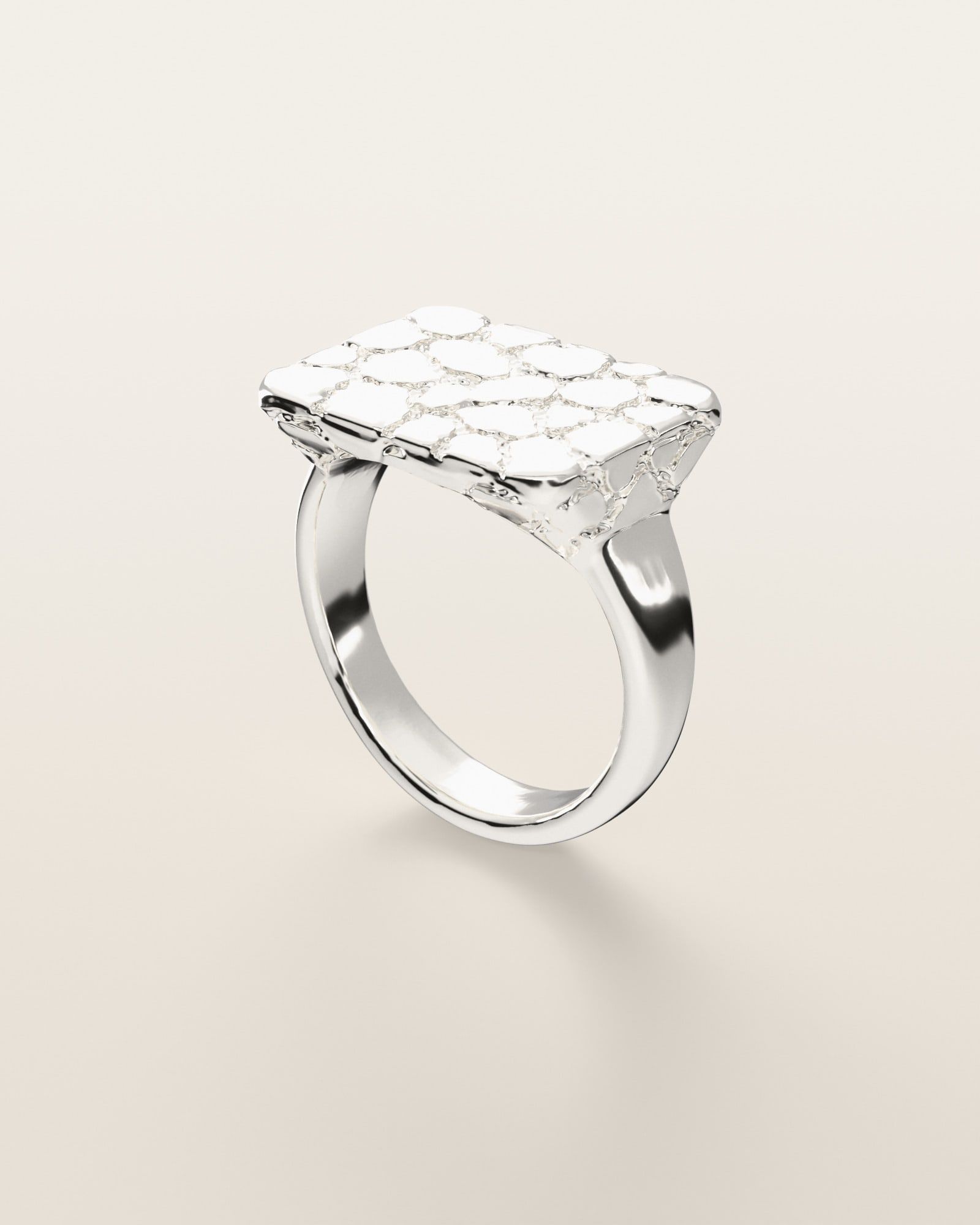 No. 433 Wide Face nugget ring, three-quarter view, sterling silver, rendered from the production 3D file