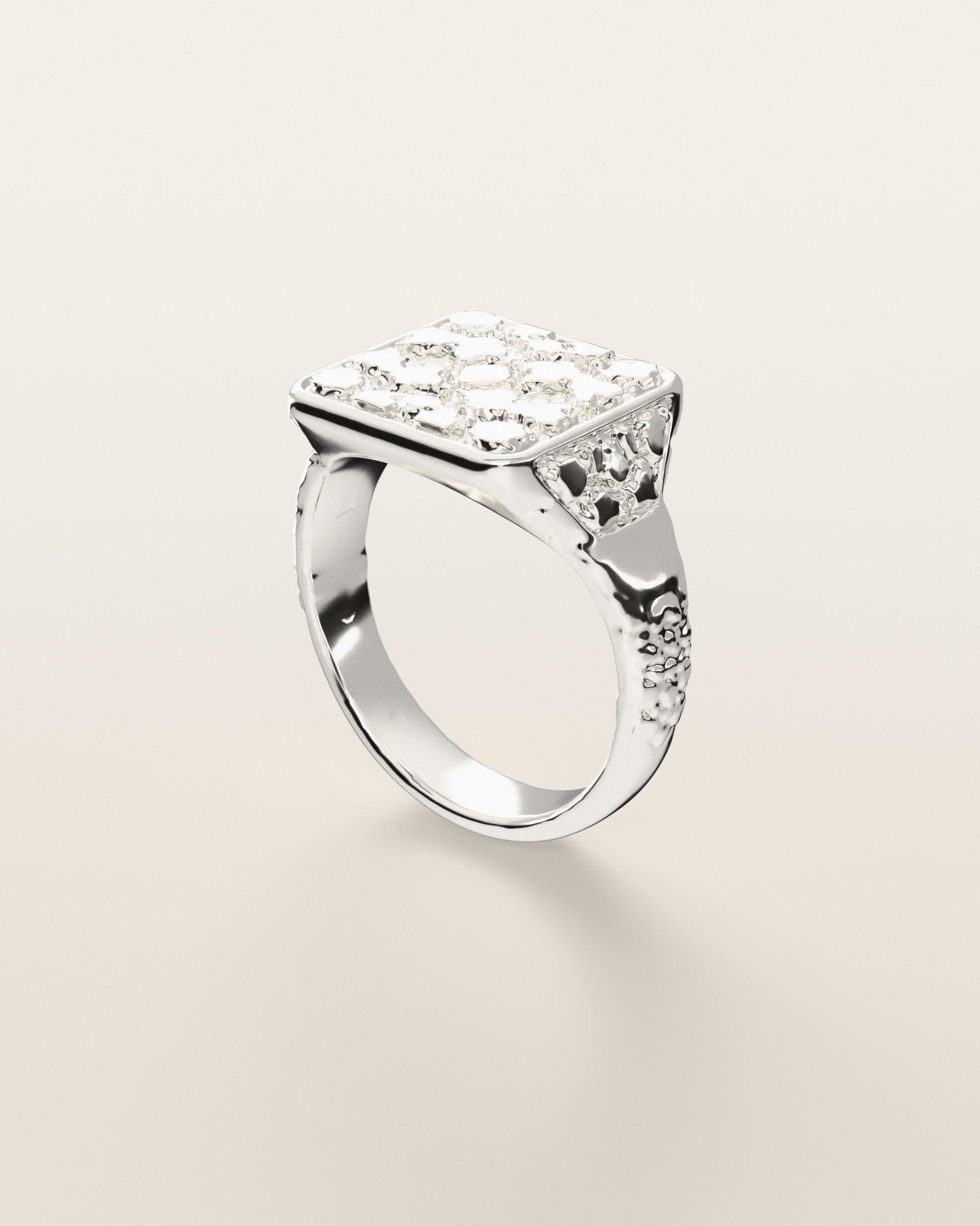 No. 432 Signet L nugget ring, three-quarter view, sterling silver, rendered from the production 3D file