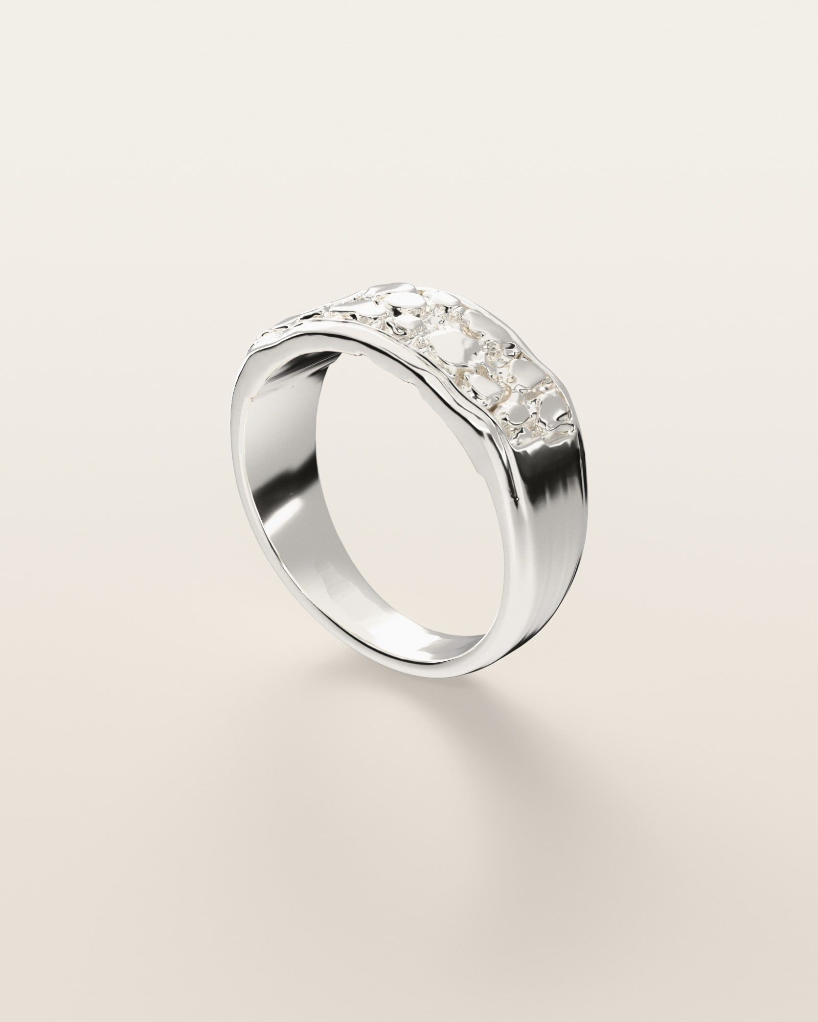 No. 509 Ledge nugget ring, three-quarter view, sterling silver, rendered from the production 3D file