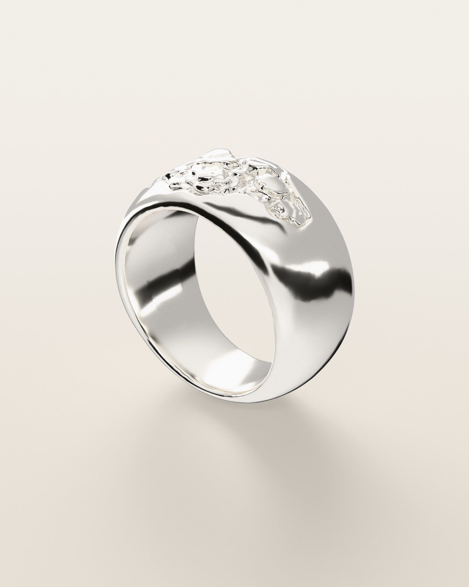 No. 521 Outcrop nugget ring, three-quarter view, sterling silver, rendered from the production 3D file
