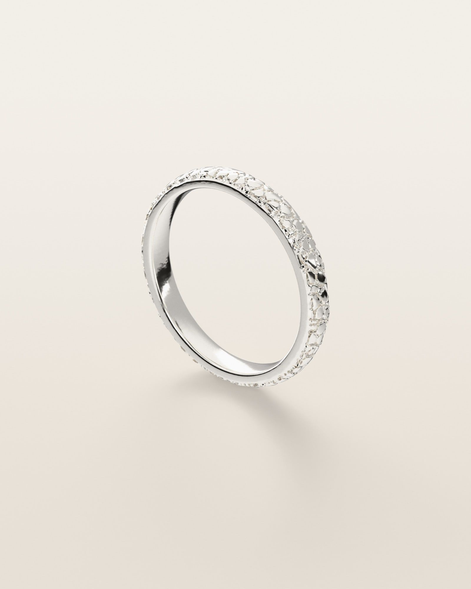 No. 444 Stacking Band 3 mm nugget ring, three-quarter view, sterling silver, rendered from the production 3D file