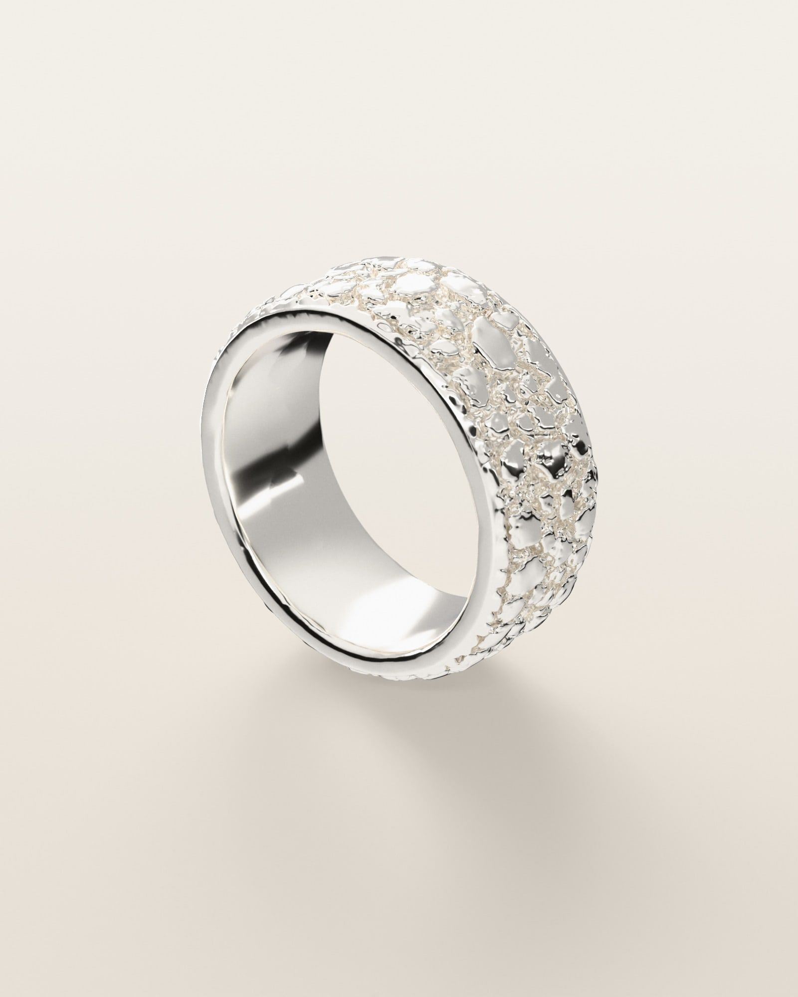 No. 508 Placer nugget ring, three-quarter view, sterling silver, rendered from the production 3D file