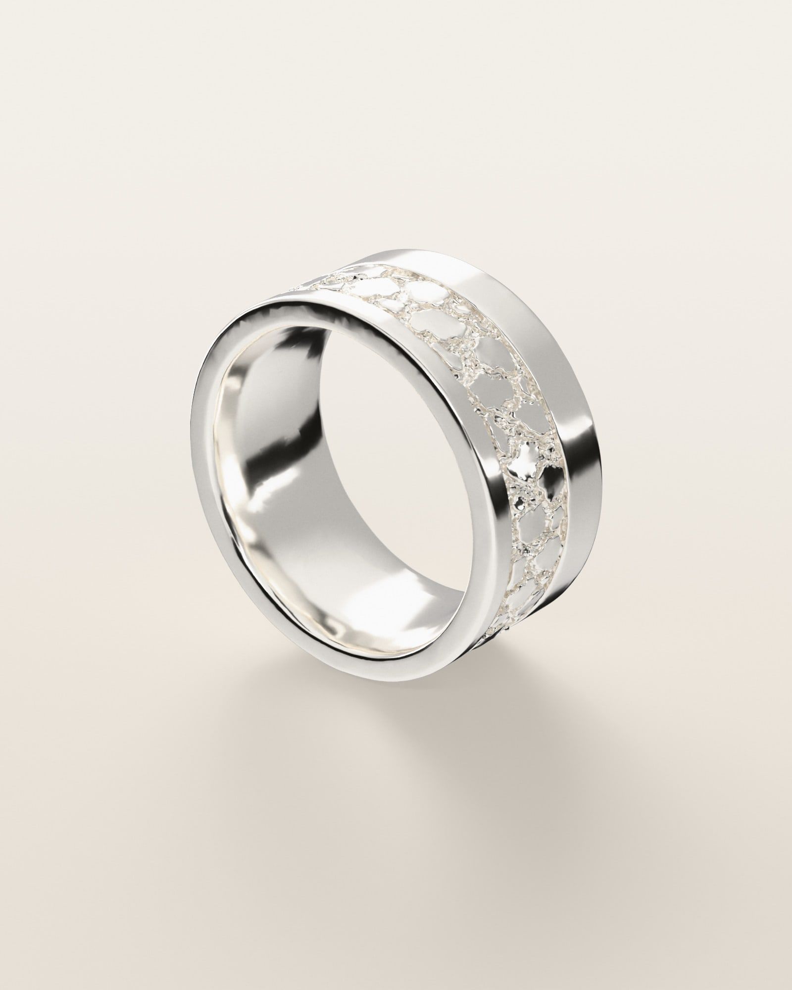 No. 532 Rail nugget ring, three-quarter view, sterling silver, rendered from the production 3D file