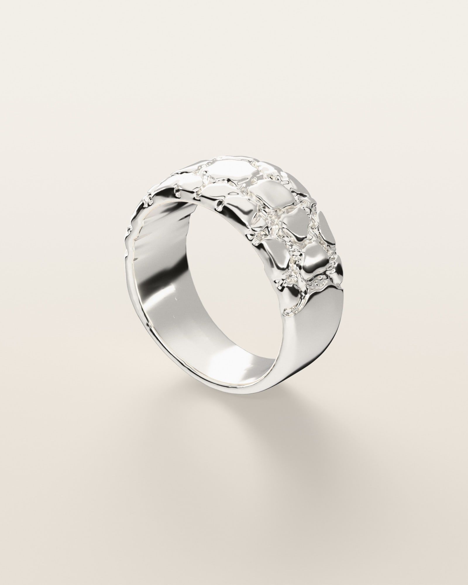 No. 507 Riverbed nugget ring, three-quarter view, sterling silver, rendered from the production 3D file