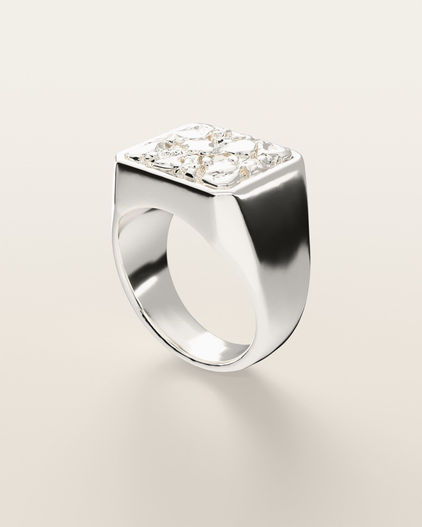 No. 501 Anvil nugget ring, three-quarter view, sterling silver, rendered from the production 3D file