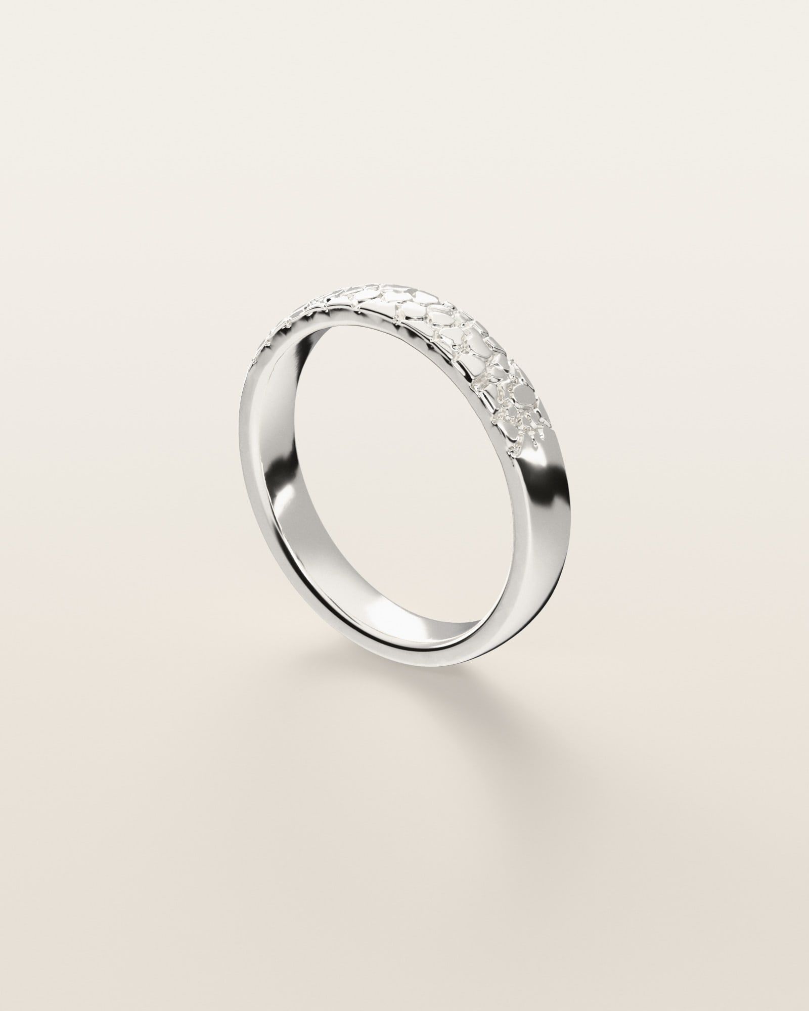 No. 527 Thread nugget ring, three-quarter view, sterling silver, rendered from the production 3D file
