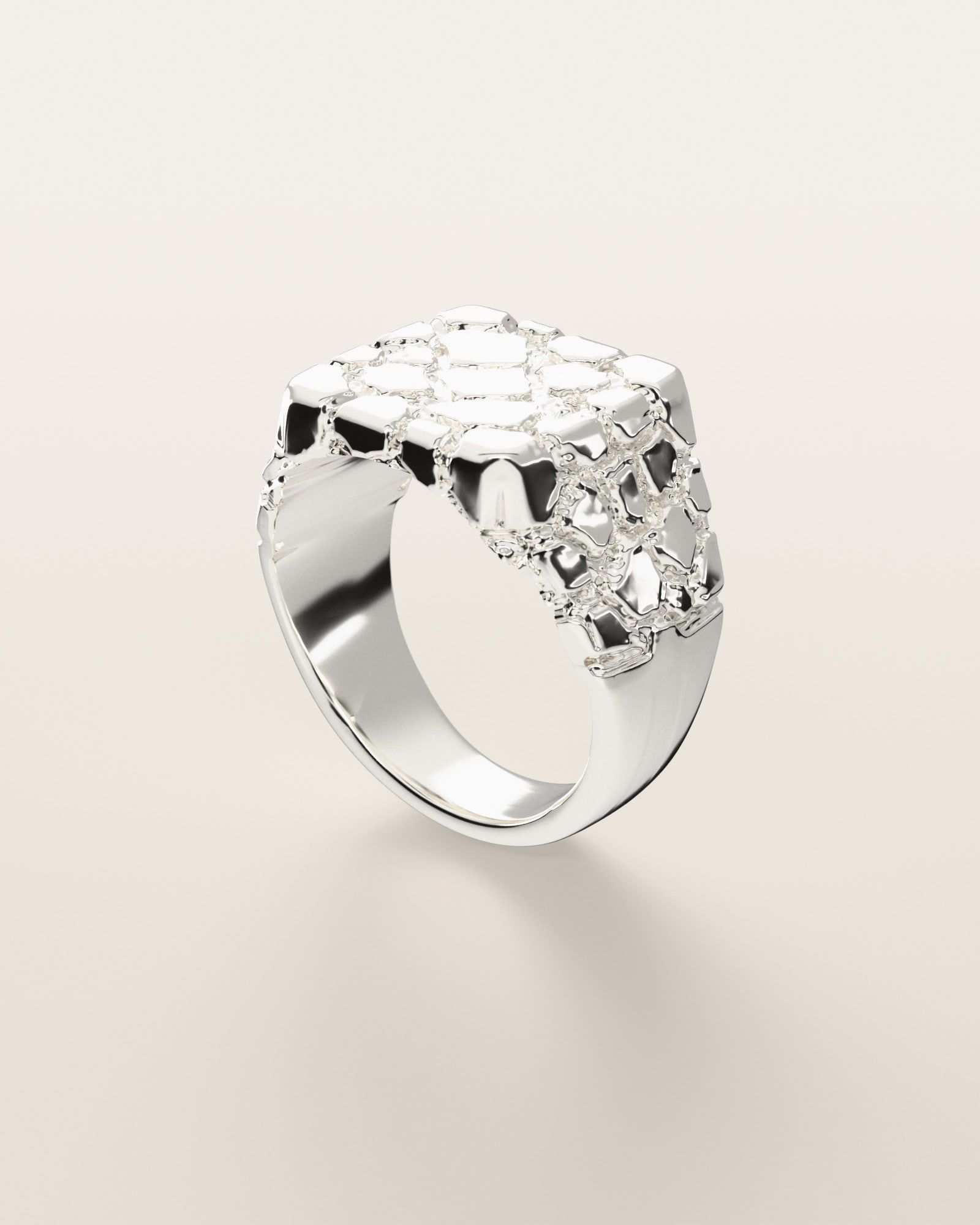 No. 408 Statement XL nugget ring, three-quarter view, sterling silver, rendered from the production 3D file