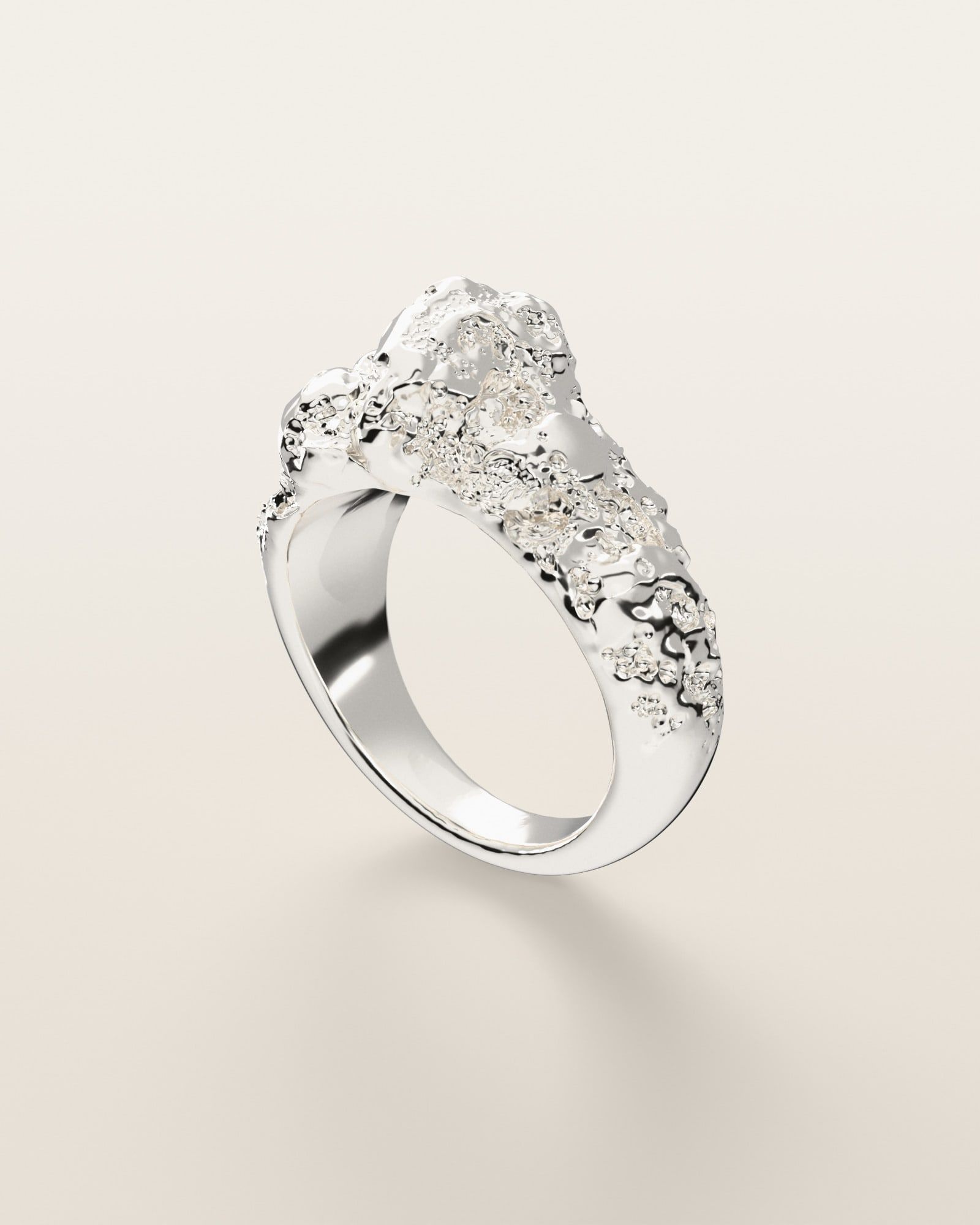 No. 063 Off-Center nugget ring, three-quarter view, sterling silver, rendered from the production 3D file