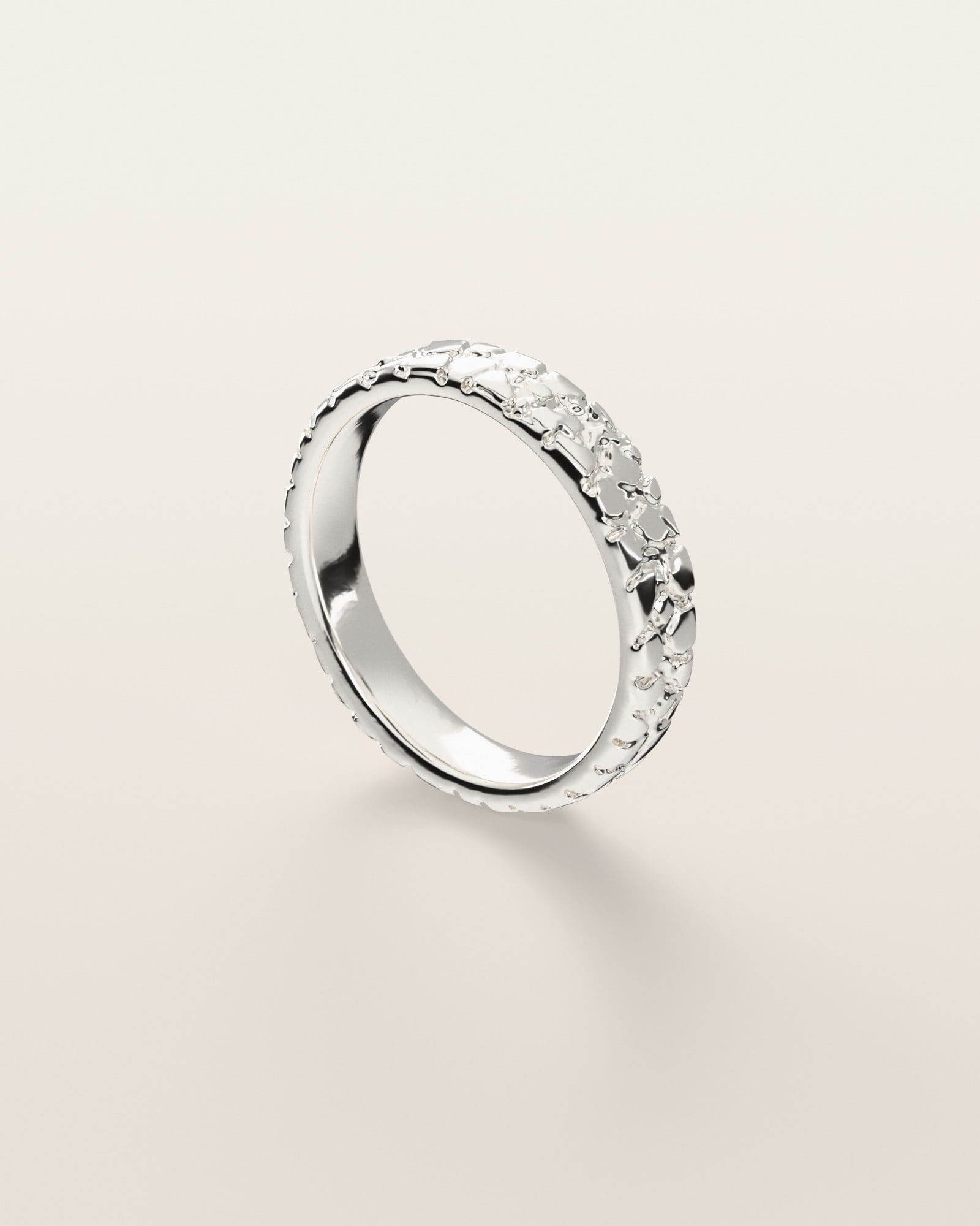 No. 407 Stack Band nugget ring, three-quarter view, sterling silver, rendered from the production 3D file