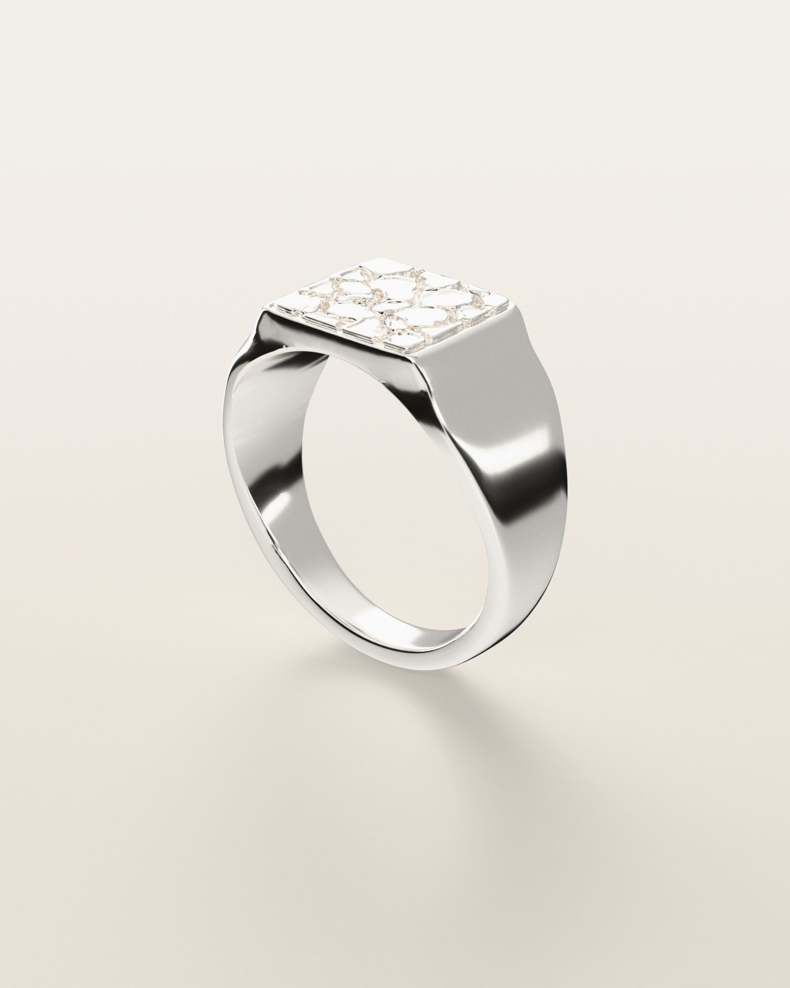 No. 409 Signet M nugget ring, three-quarter view, sterling silver, rendered from the production 3D file