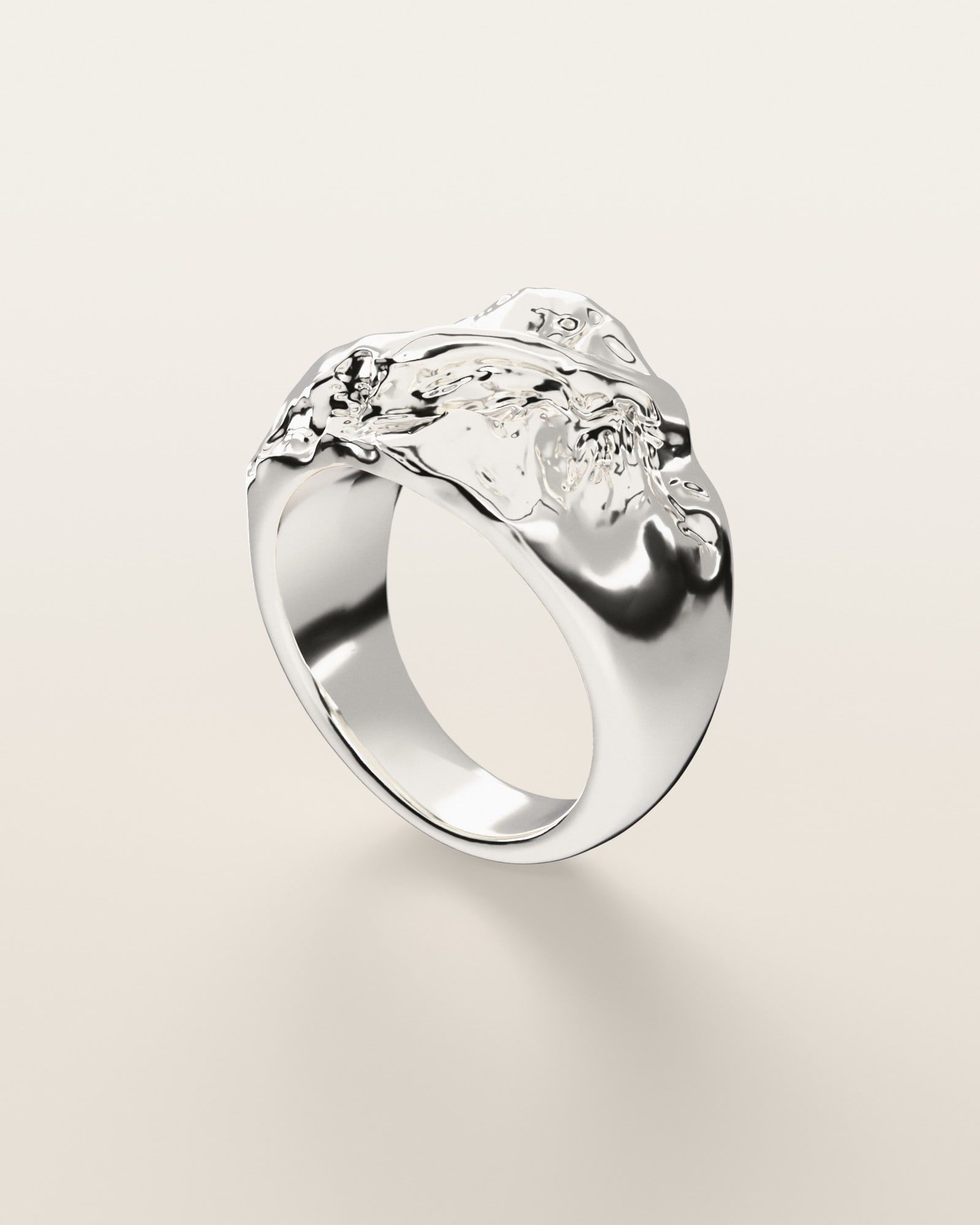 No. 008 Ridge nugget ring, three-quarter view, sterling silver, rendered from the production 3D file