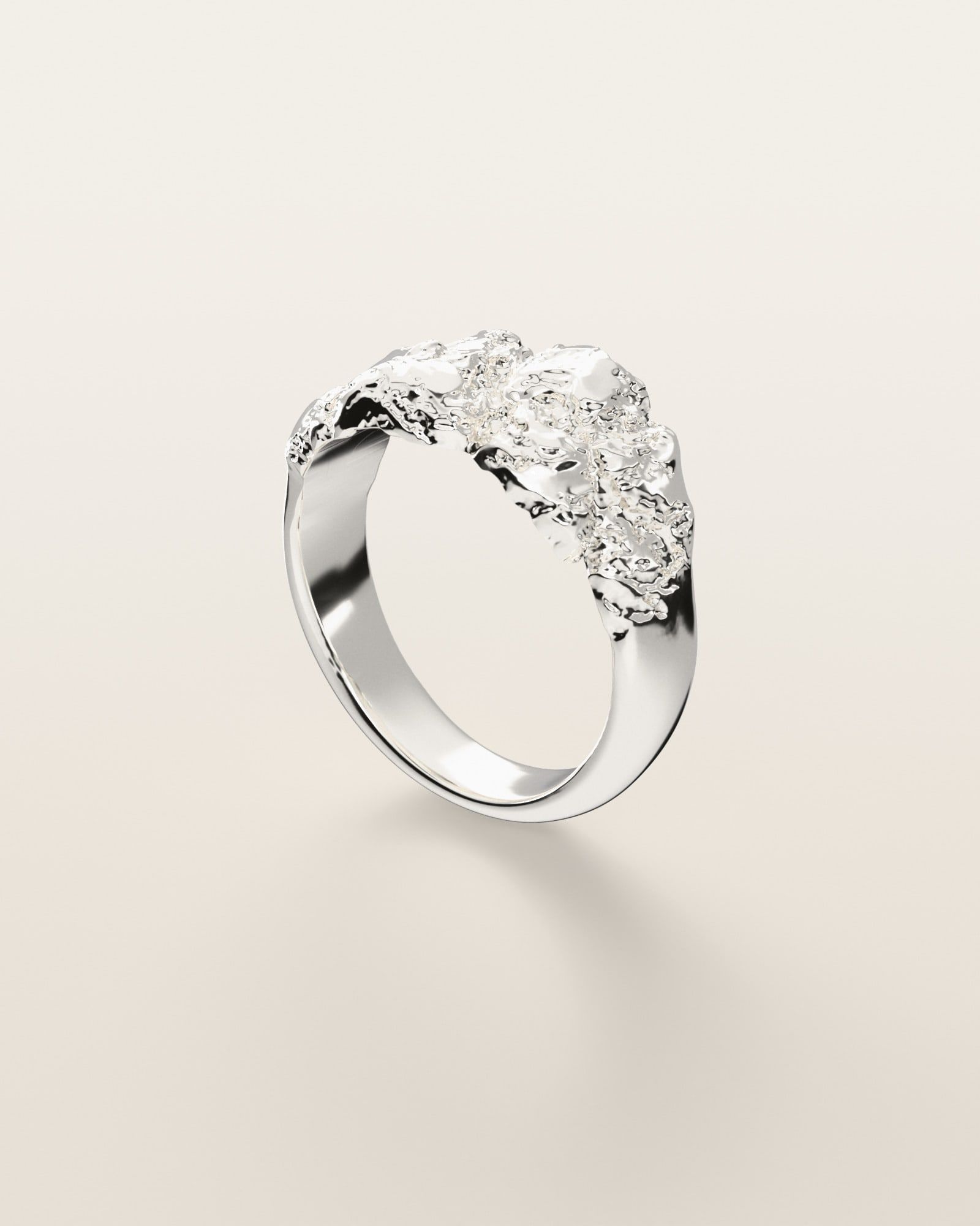 No. 001 Low & Wide nugget ring, three-quarter view, sterling silver, rendered from the production 3D file