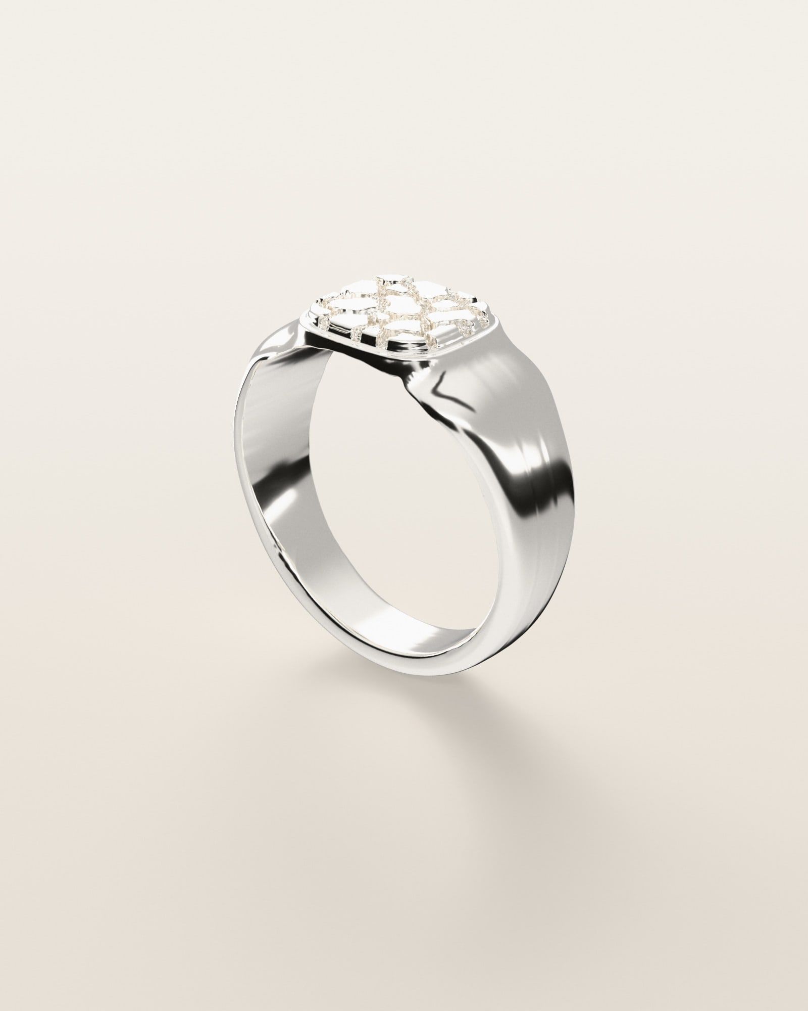 No. 405 Pinky nugget ring, three-quarter view, sterling silver, rendered from the production 3D file