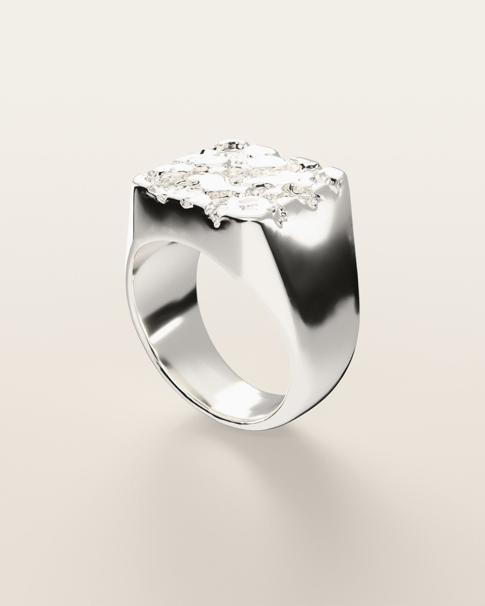 No. 502 Bullion nugget ring, three-quarter view, sterling silver, rendered from the production 3D file