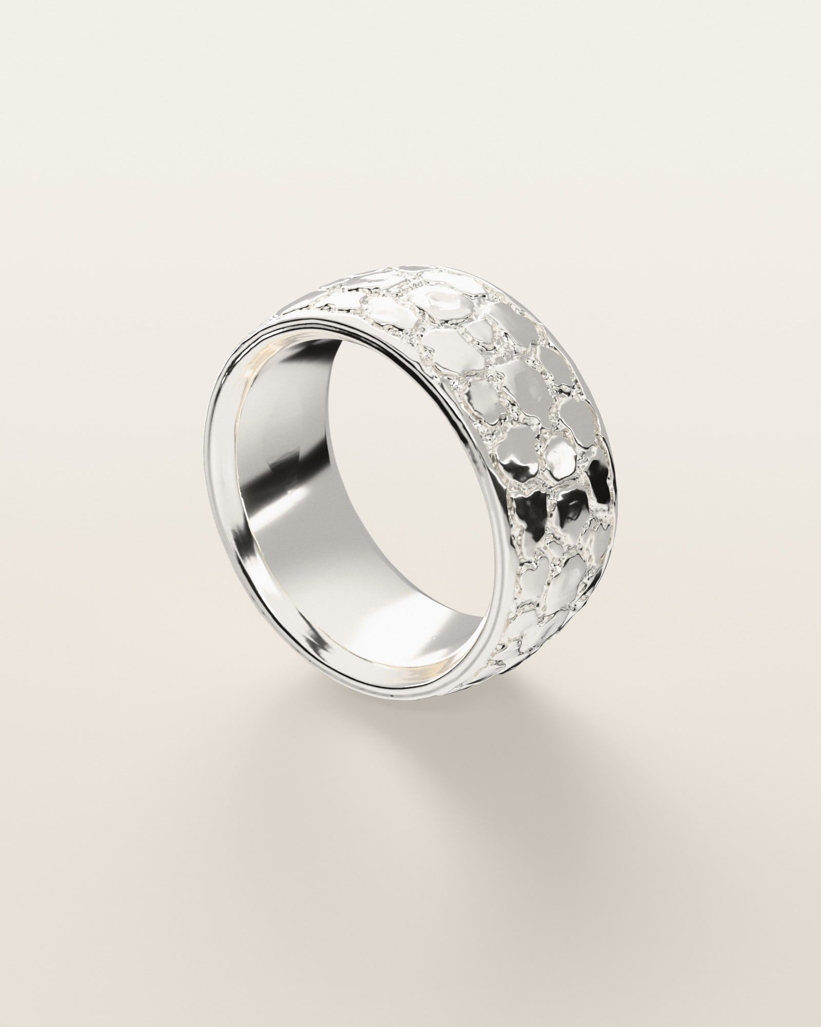 No. 443 Nugget Band 10 mm, three-quarter view, sterling silver, rendered from the production 3D file