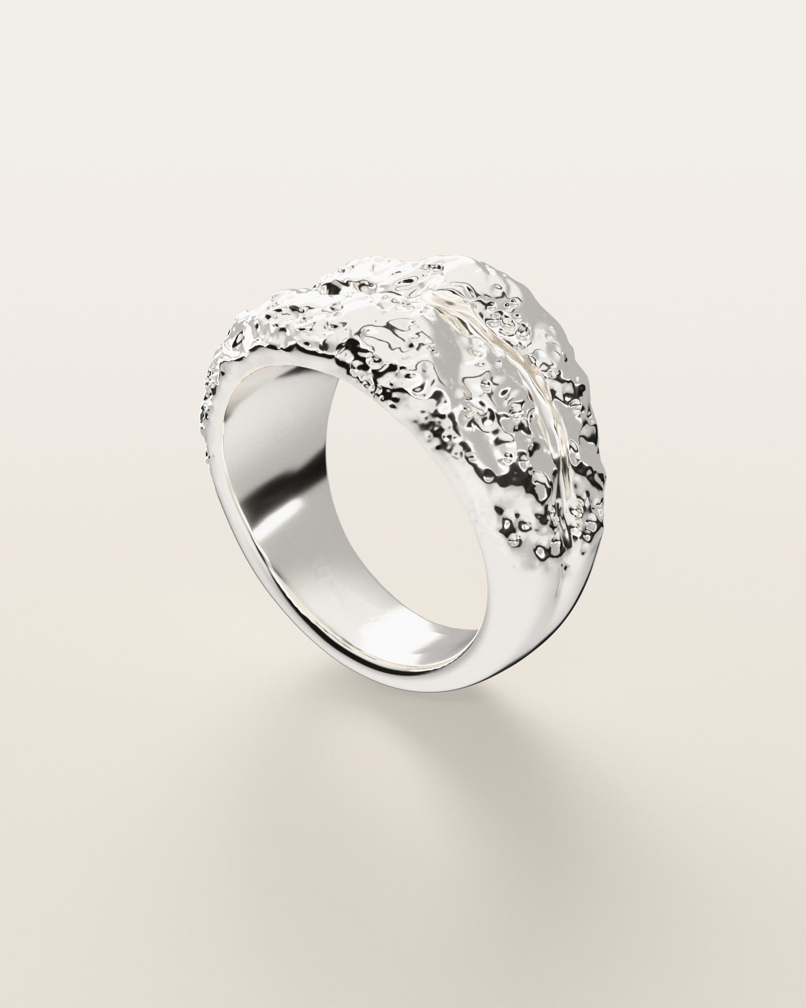 No. 011 Channel nugget ring, three-quarter view, sterling silver, rendered from the production 3D file