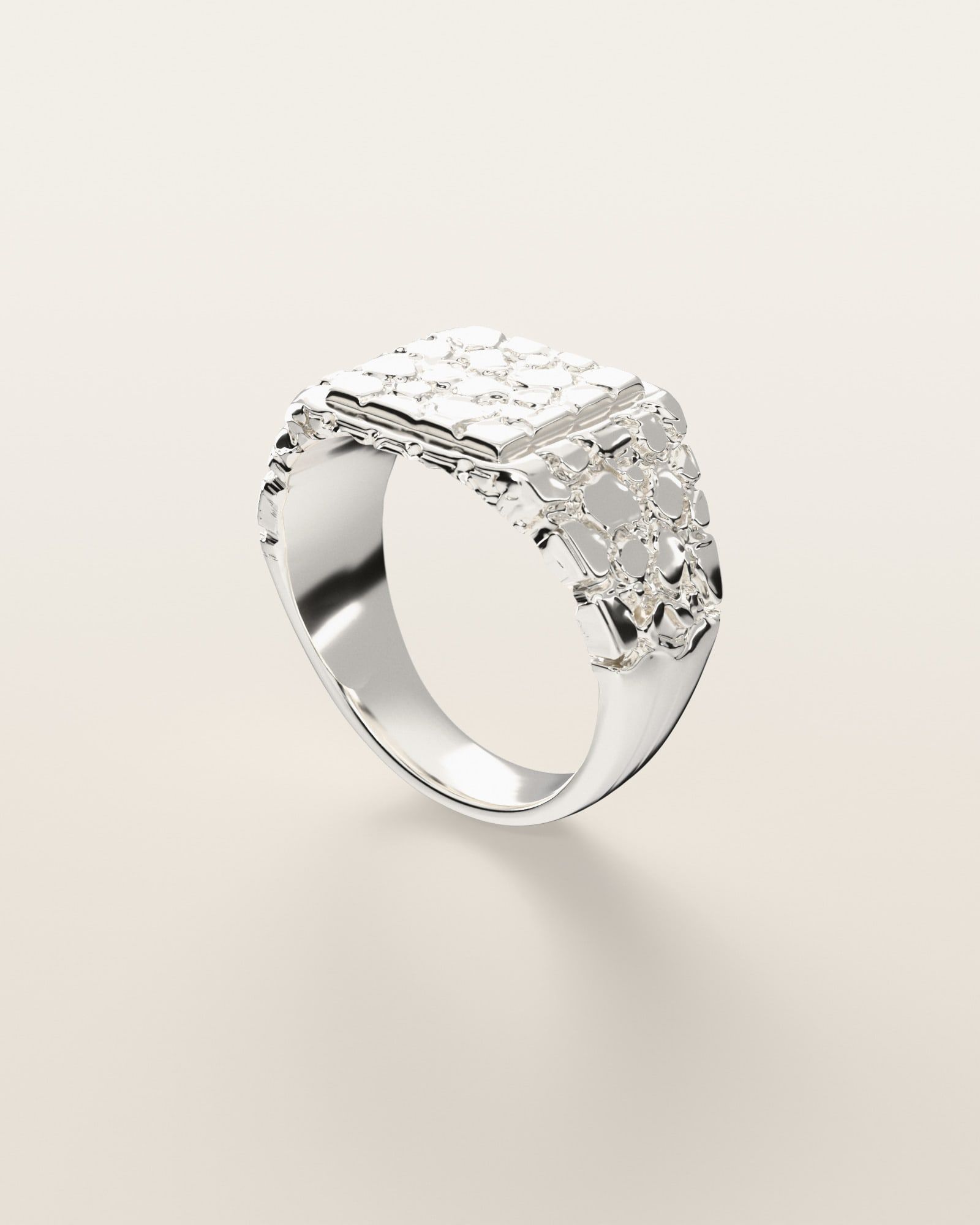 No. 402 Signet S nugget ring, three-quarter view, sterling silver, rendered from the production 3D file