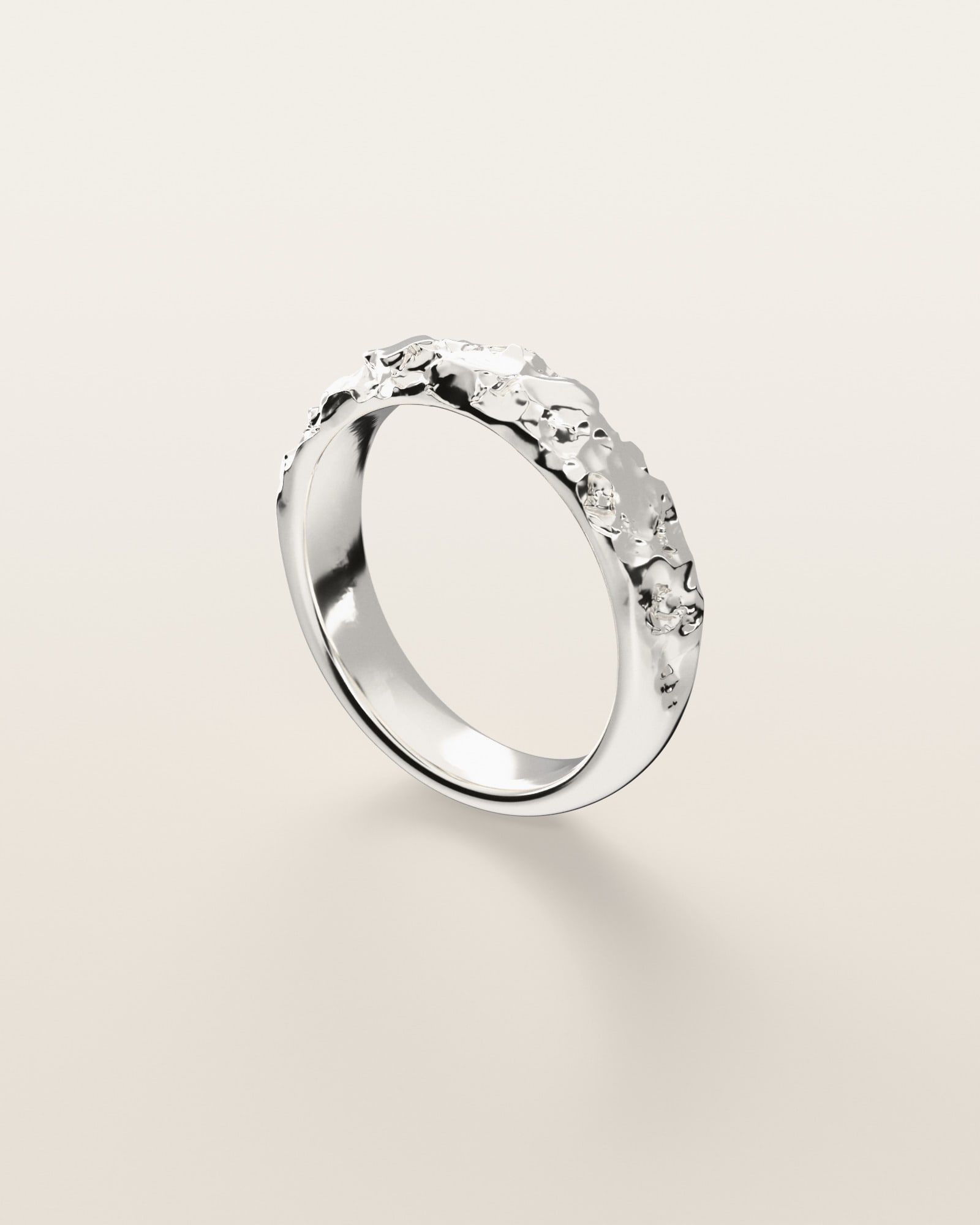 No. 024 Slim nugget ring, three-quarter view, sterling silver, rendered from the production 3D file