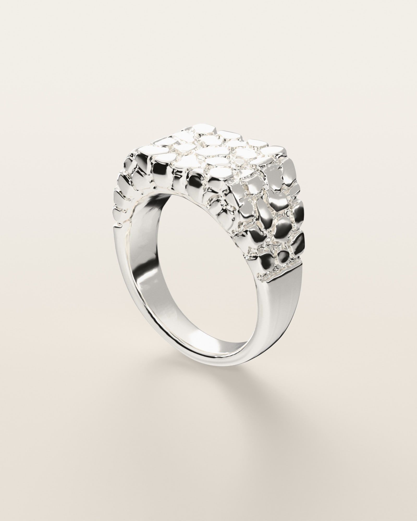 No. 406 Wide Face nugget ring, three-quarter view, sterling silver, rendered from the production 3D file