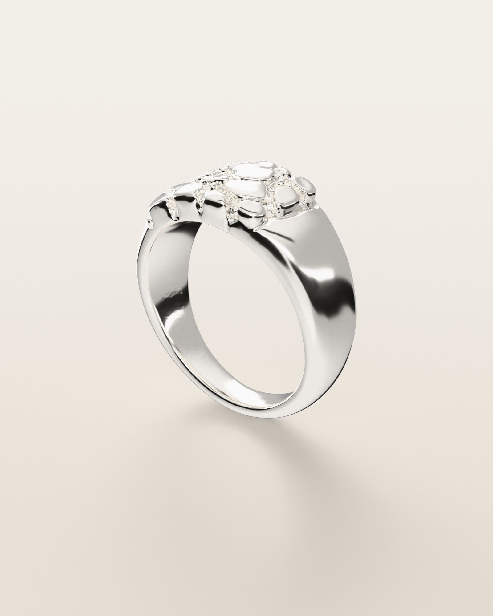 No. 513 Offset nugget ring, three-quarter view, sterling silver, rendered from the production 3D file