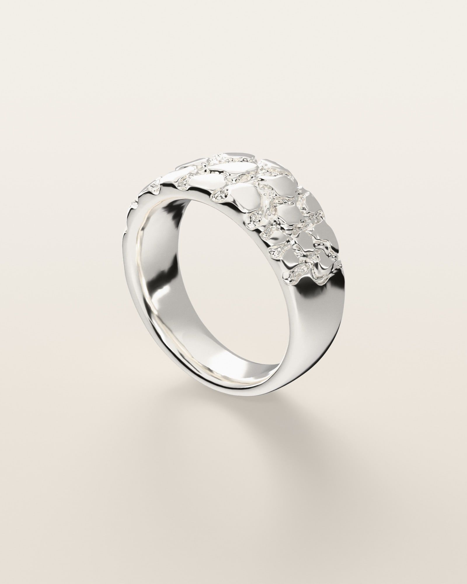 No. 102 Drift nugget ring, three-quarter view, sterling silver, rendered from the production 3D file