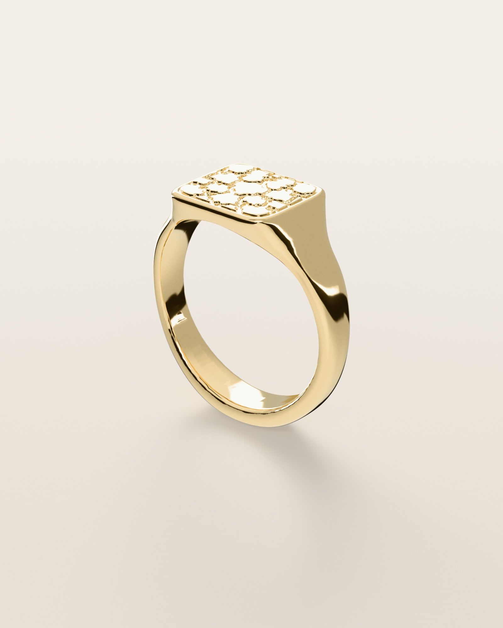 No. 431 Signet M nugget ring, three-quarter view, 14K yellow gold, rendered from the production 3D file