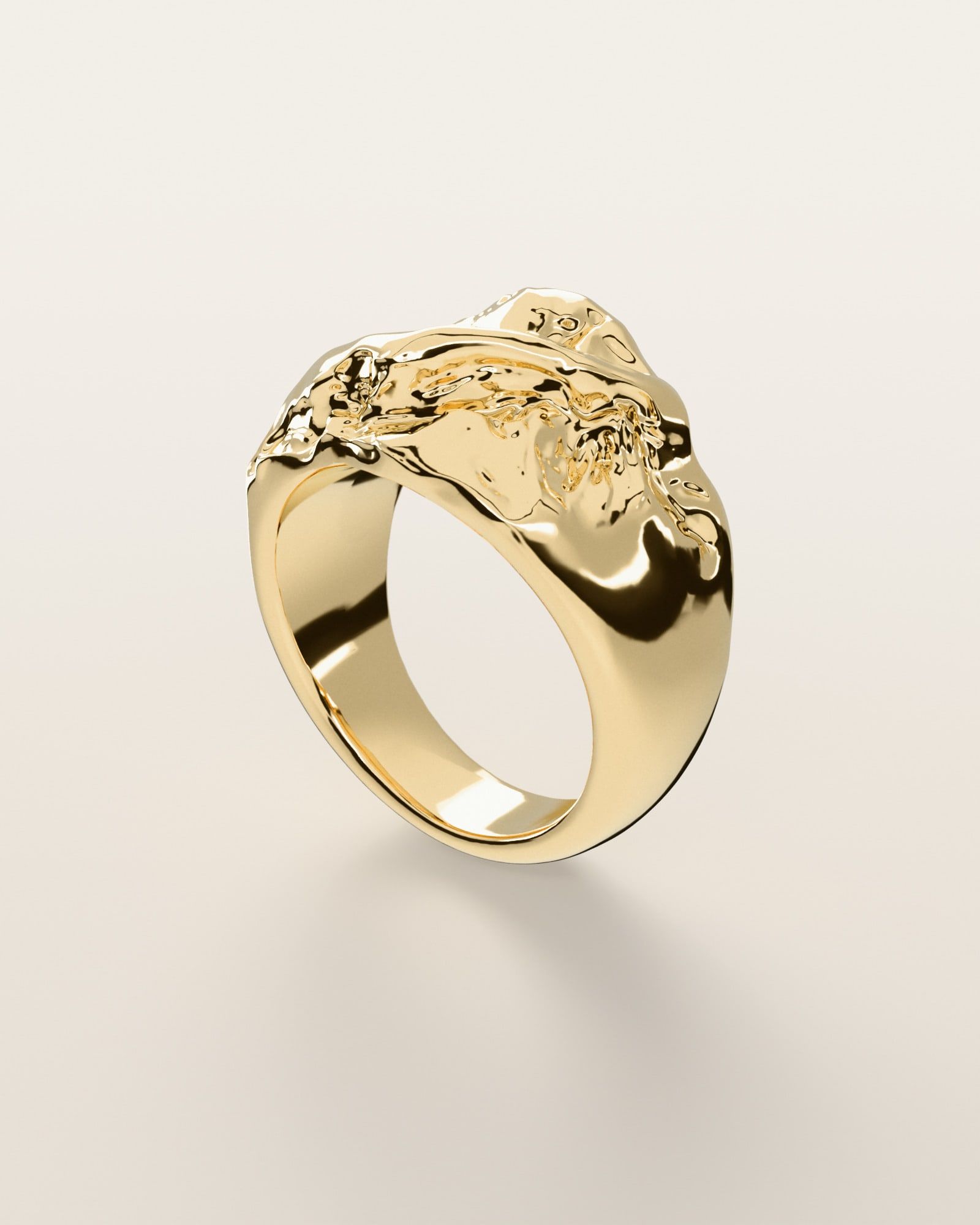 No. 008 Ridge nugget ring, three-quarter view, 14K yellow gold, rendered from the production 3D file