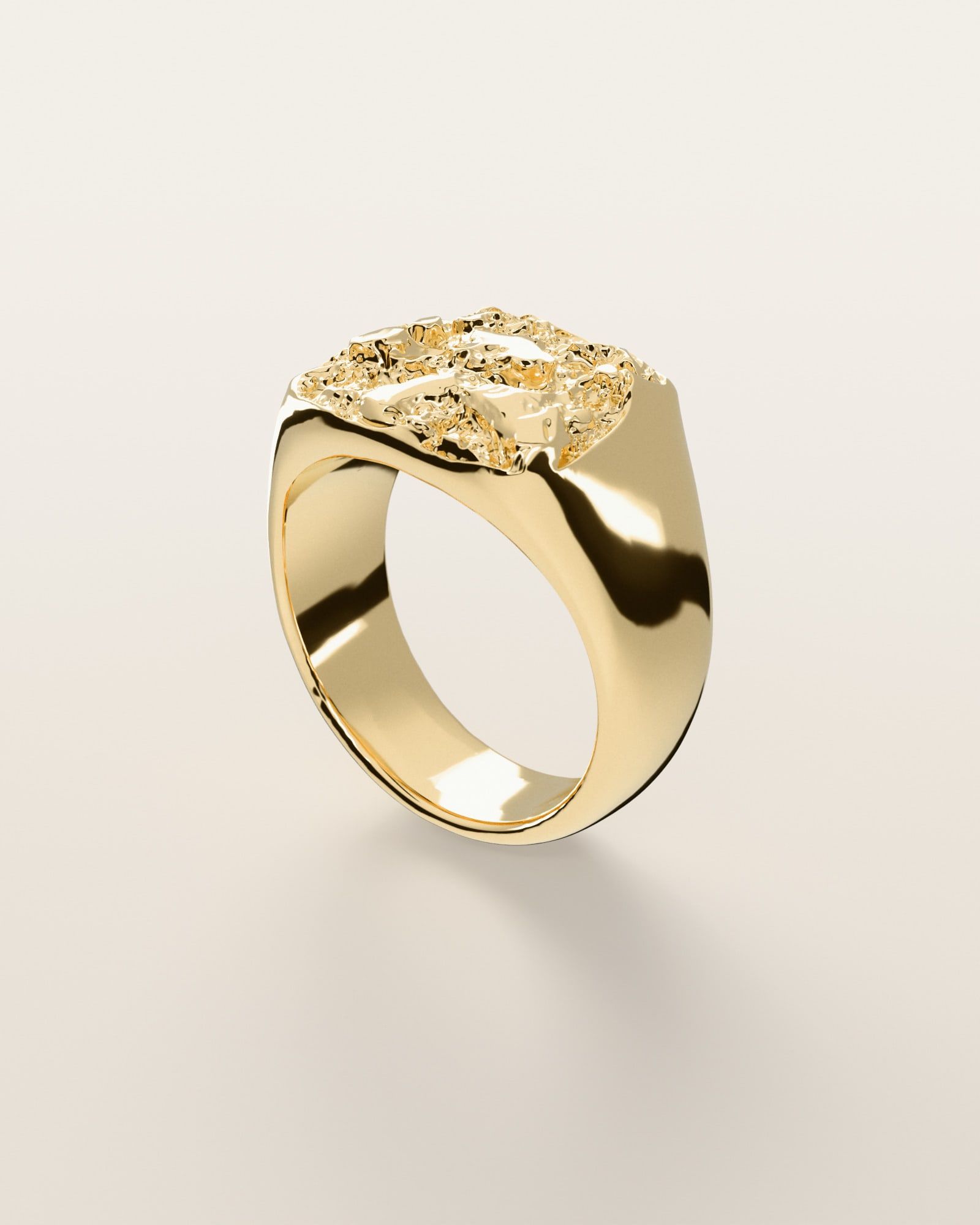 No. 014 The Block nugget ring, three-quarter view, 14K yellow gold, rendered from the production 3D file