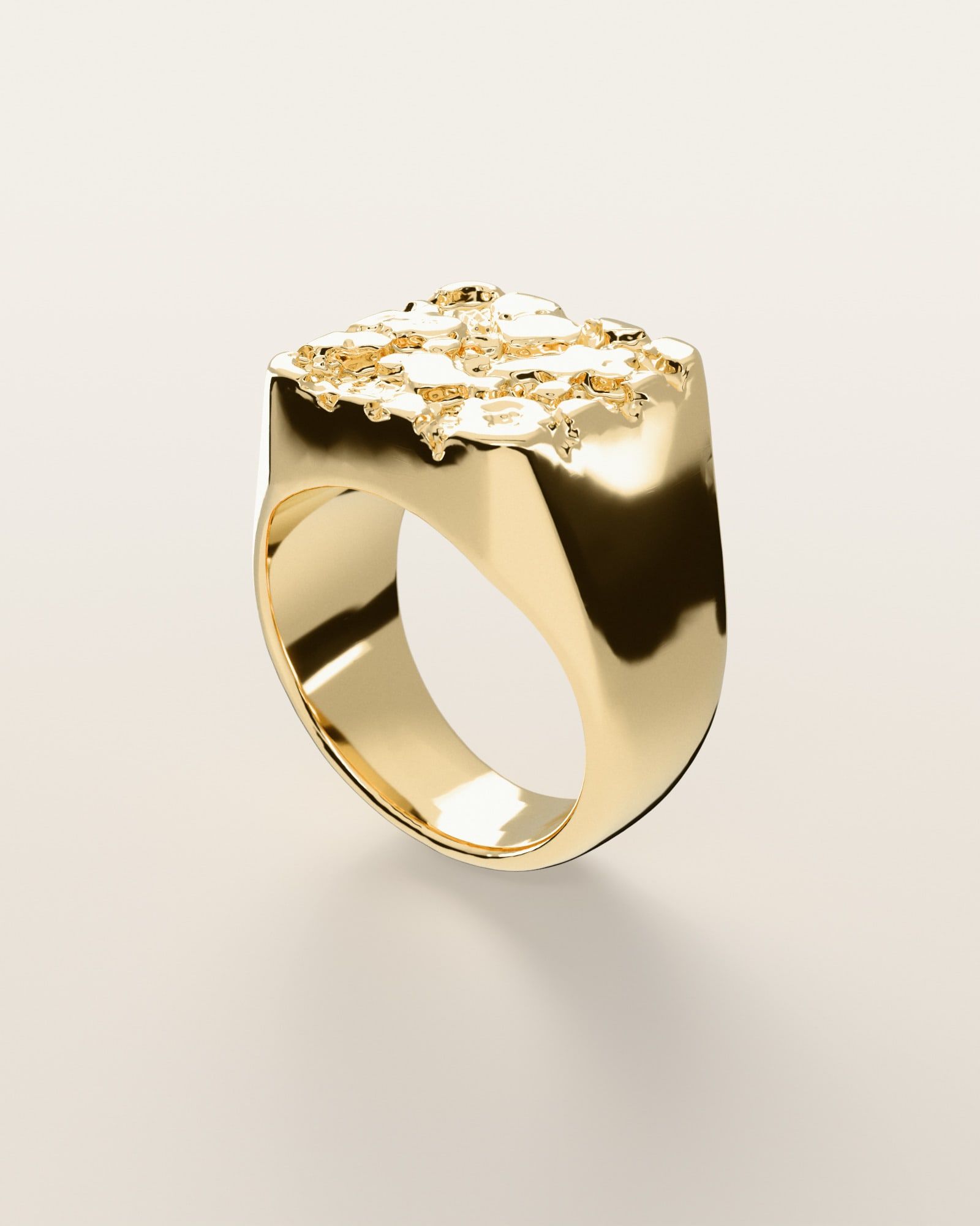 No. 502 Bullion nugget ring, three-quarter view, 14K yellow gold, rendered from the production 3D file