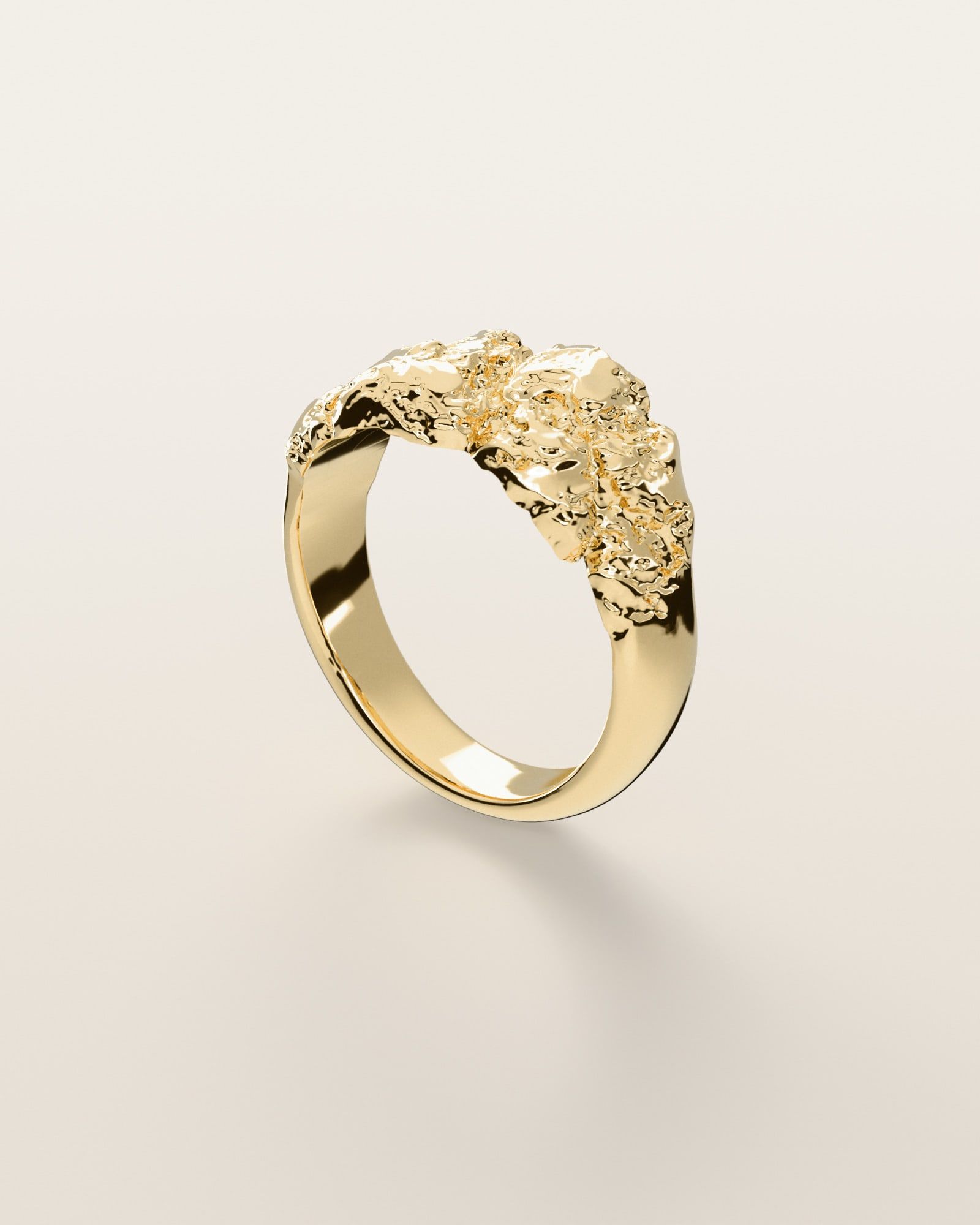 No. 001 Low & Wide nugget ring, three-quarter view, 14K yellow gold, rendered from the production 3D file