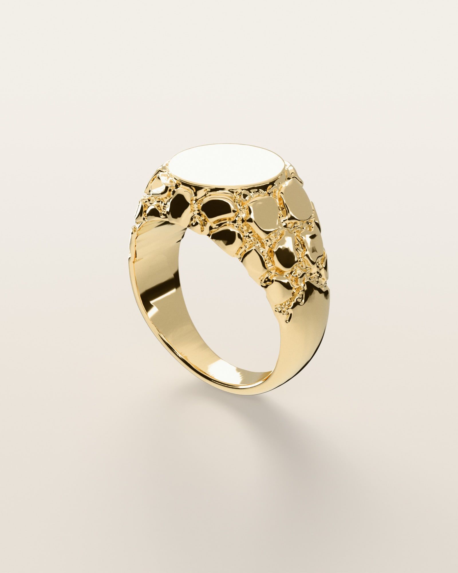 No. 523 Facet nugget ring, three-quarter view, 14K yellow gold, rendered from the production 3D file