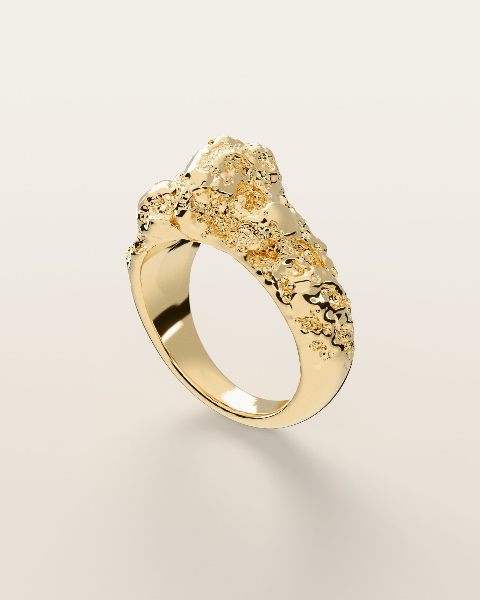 No. 063 Off-Center nugget ring, three-quarter view, 14K yellow gold, rendered from the production 3D file