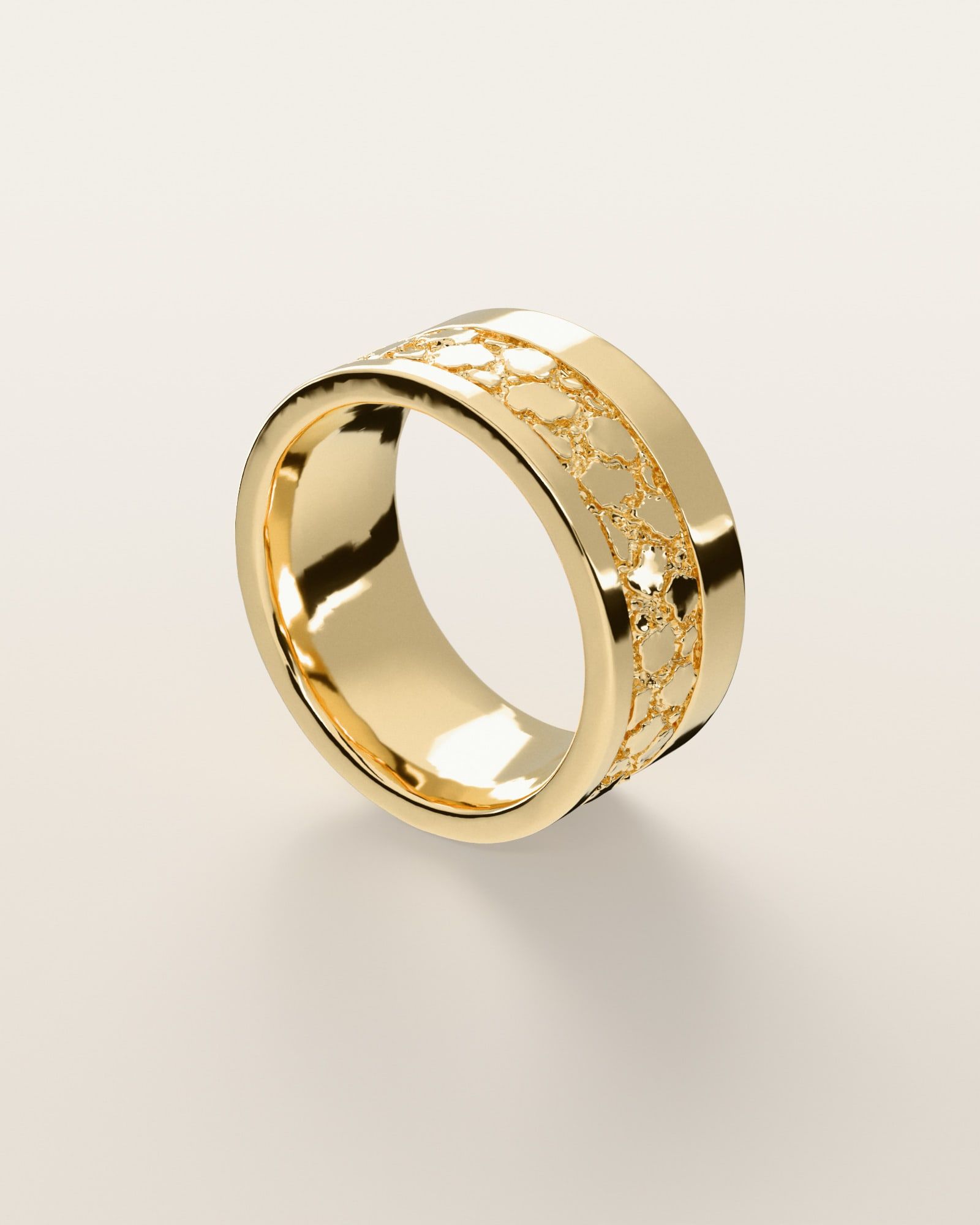 No. 532 Rail nugget ring, three-quarter view, 14K yellow gold, rendered from the production 3D file